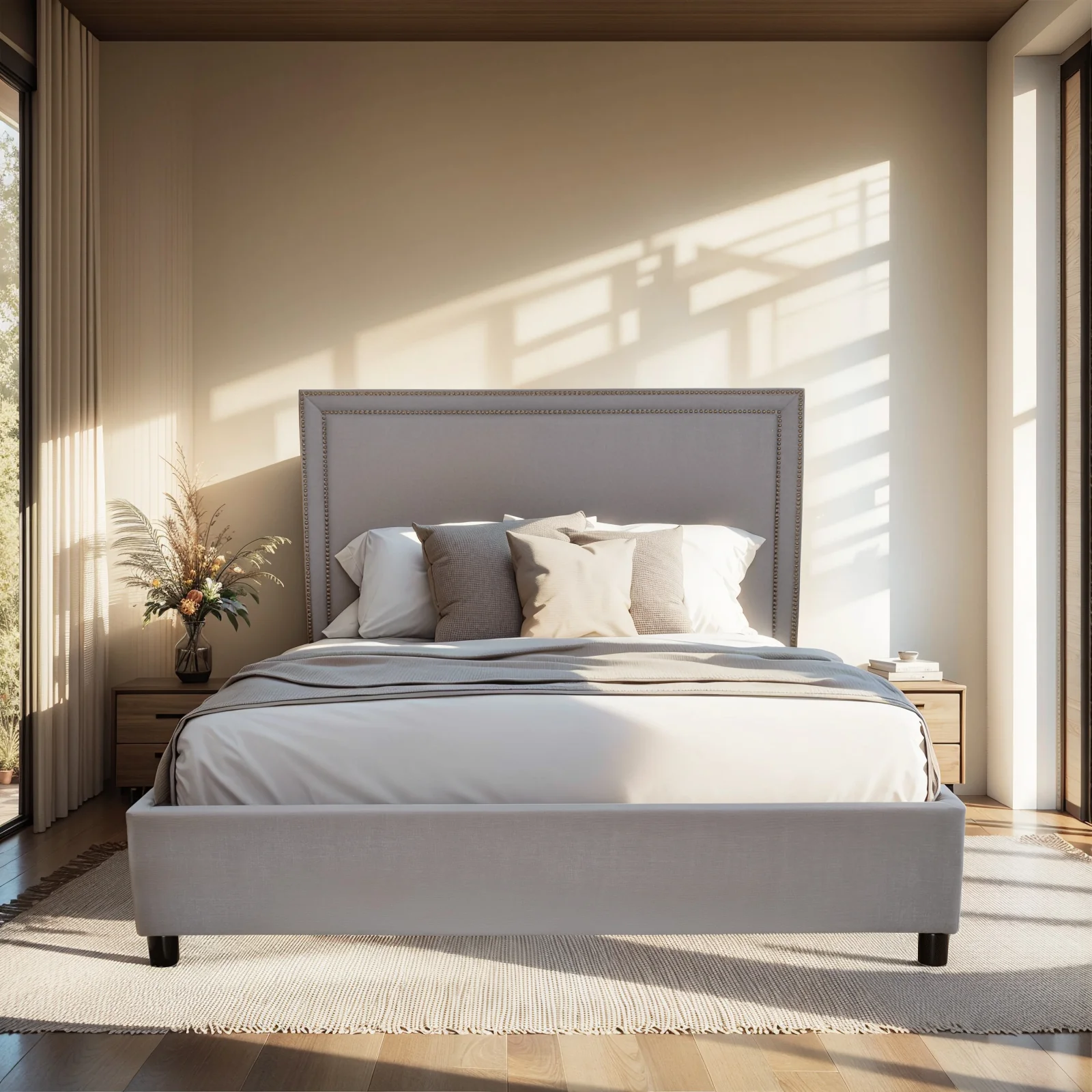 Contemporary Modern Maddy Upholstered Studded Square Queen Bed Frame - Image 9