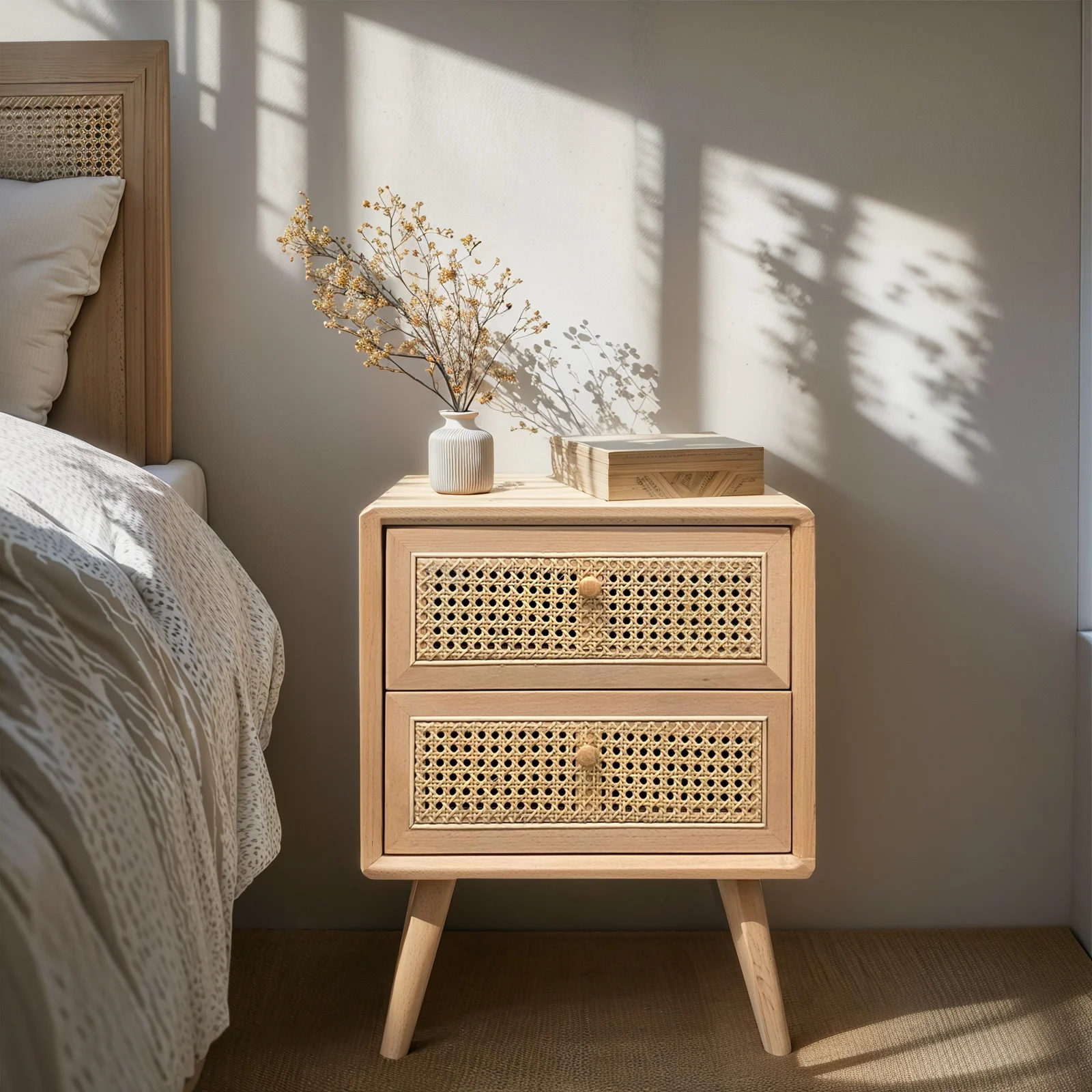 Contemporary Modern Scandinavian Nordic Rattan Bedside Table - Image 13