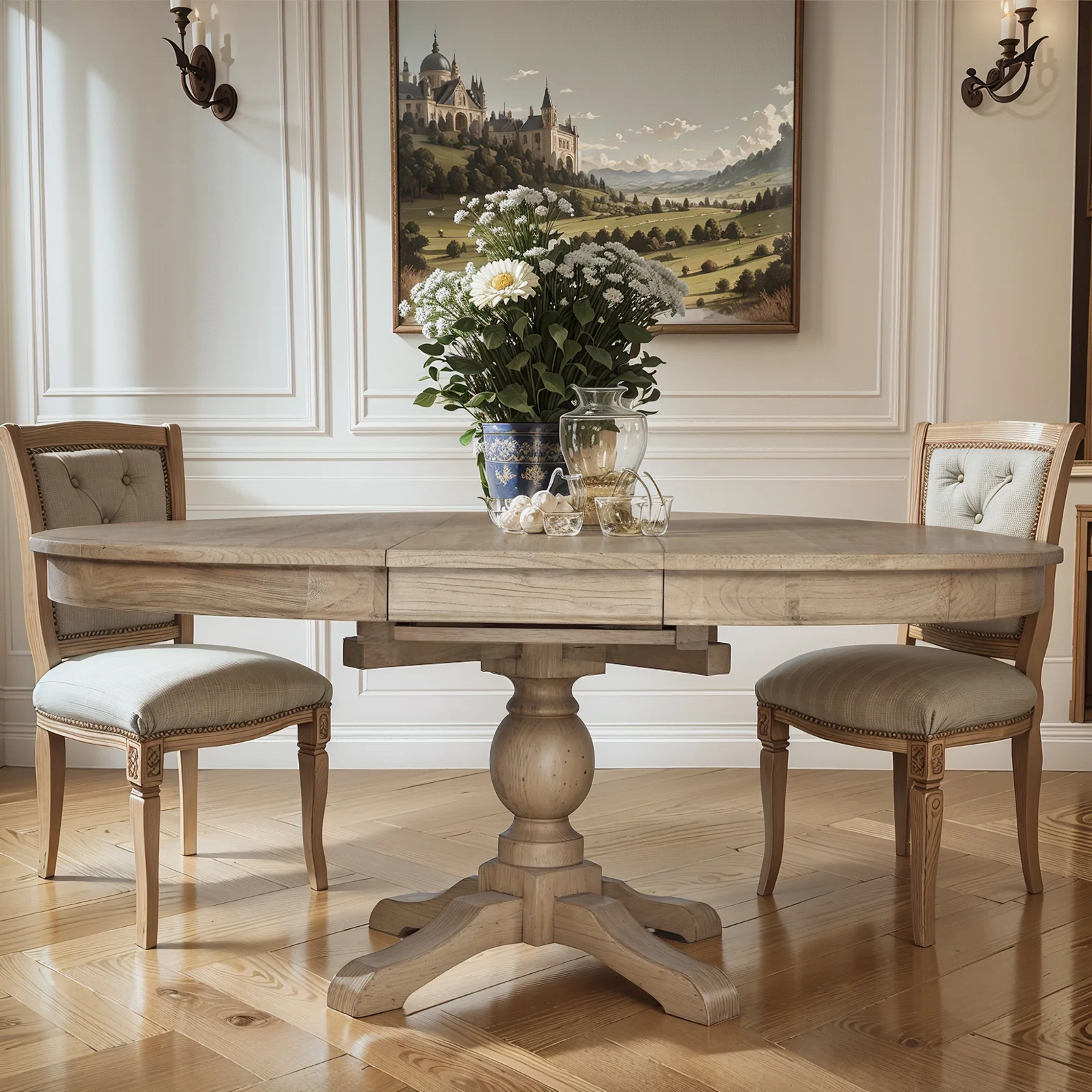 French Provincial Farmhouse 140-180cm Pedestal Extendable Round Dining Table Elm wood - Image 3