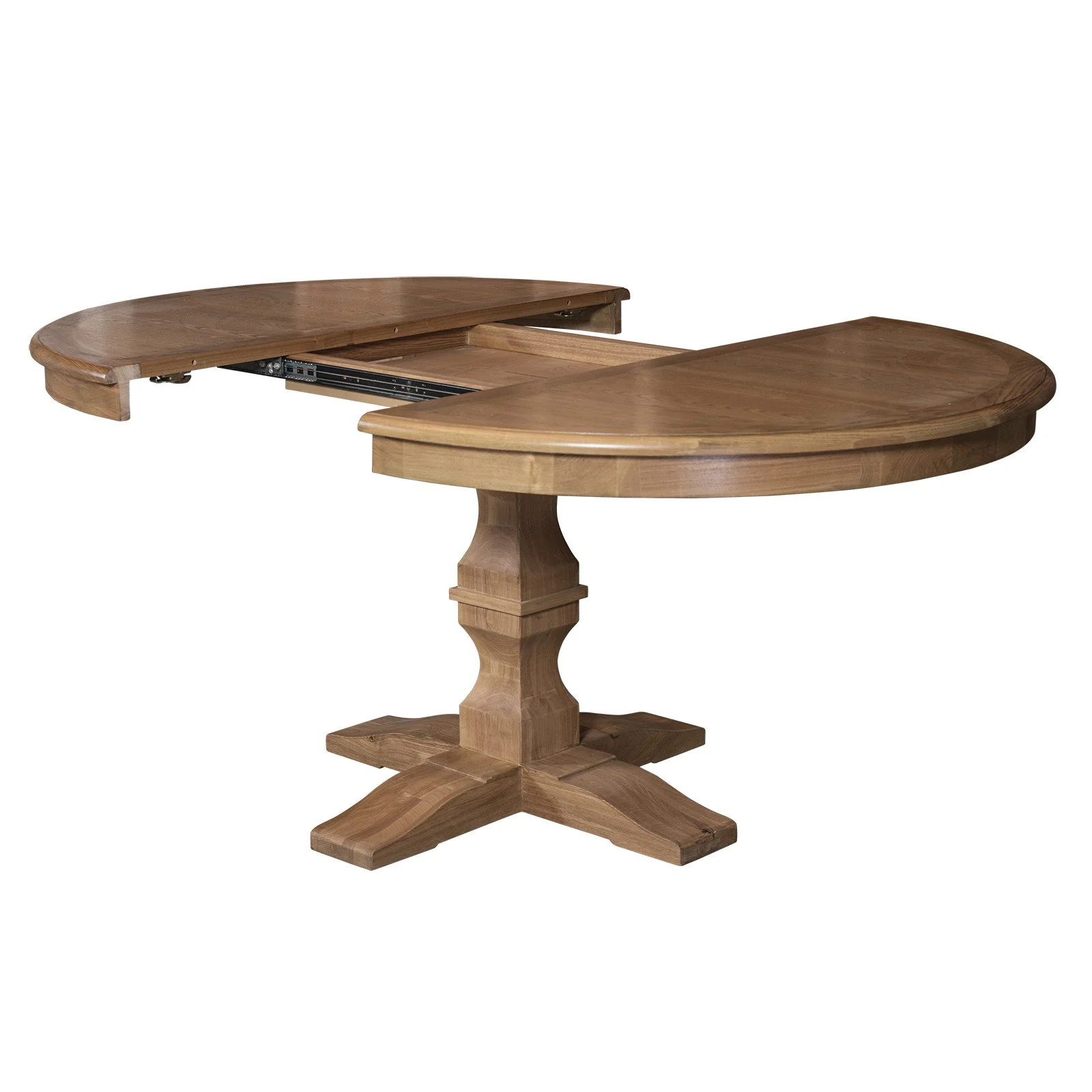 French Provincial Farmhouse Oak Extendable Round Pedestal Dining Table - Image 12