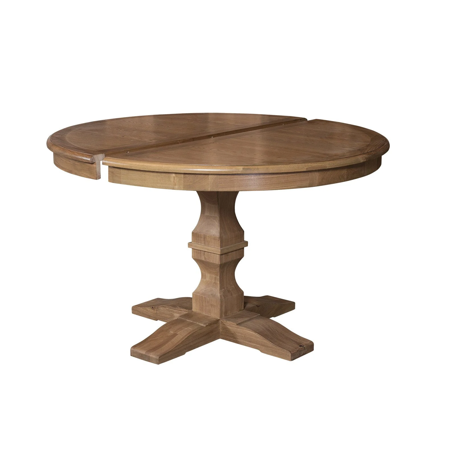 French Provincial Farmhouse Oak Extendable Round Pedestal Dining Table - Image 9