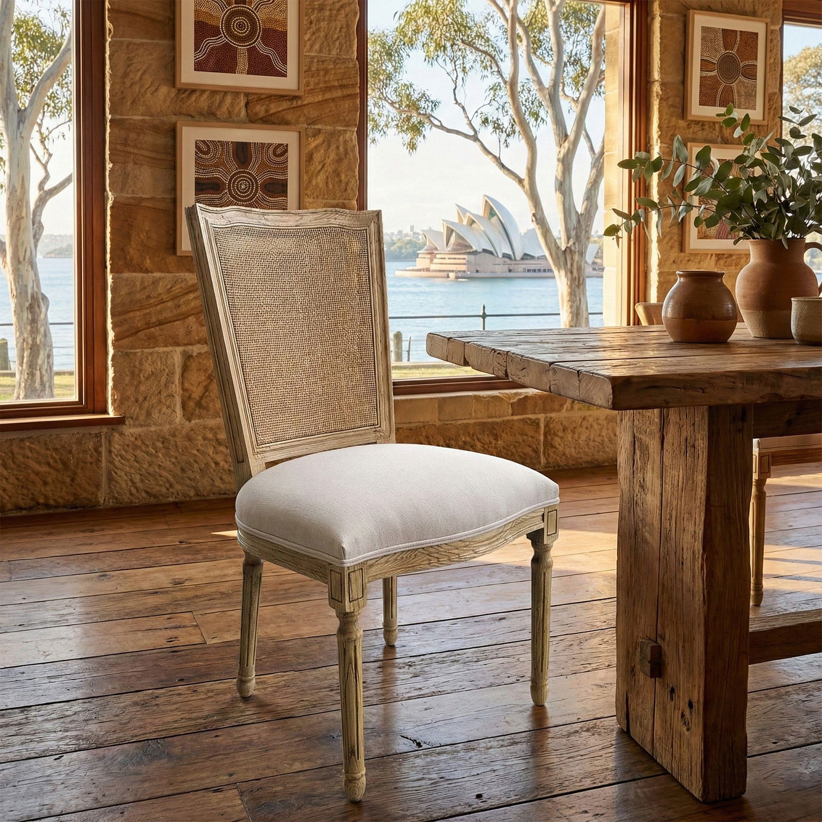 Set of 2 French Provincial / Hamptons Classic Oak Dining Chair with Natural Rattan Cane Back & Beige White Cushion - Image 9