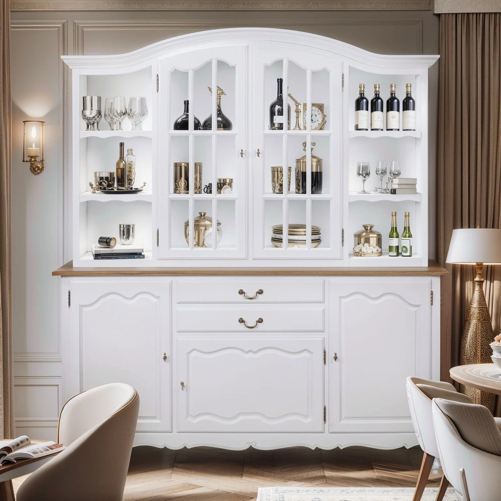 French Provincial Louis Glass Display Buffet and Hutch Kitchen Dresser Cabinet - Image 2
