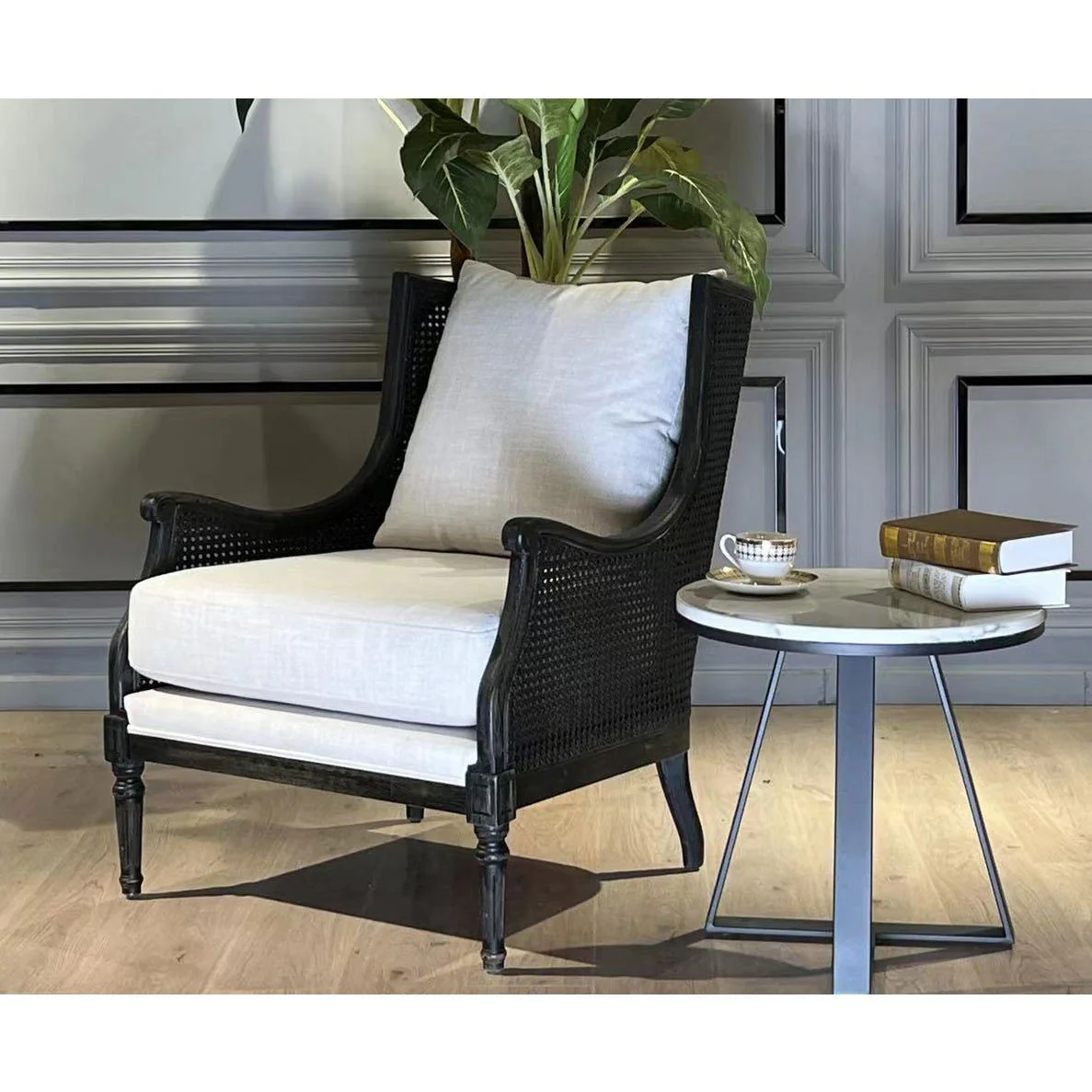 French Provincial Louis Havana Linen and Rattan Wingback Armchair - Image 15
