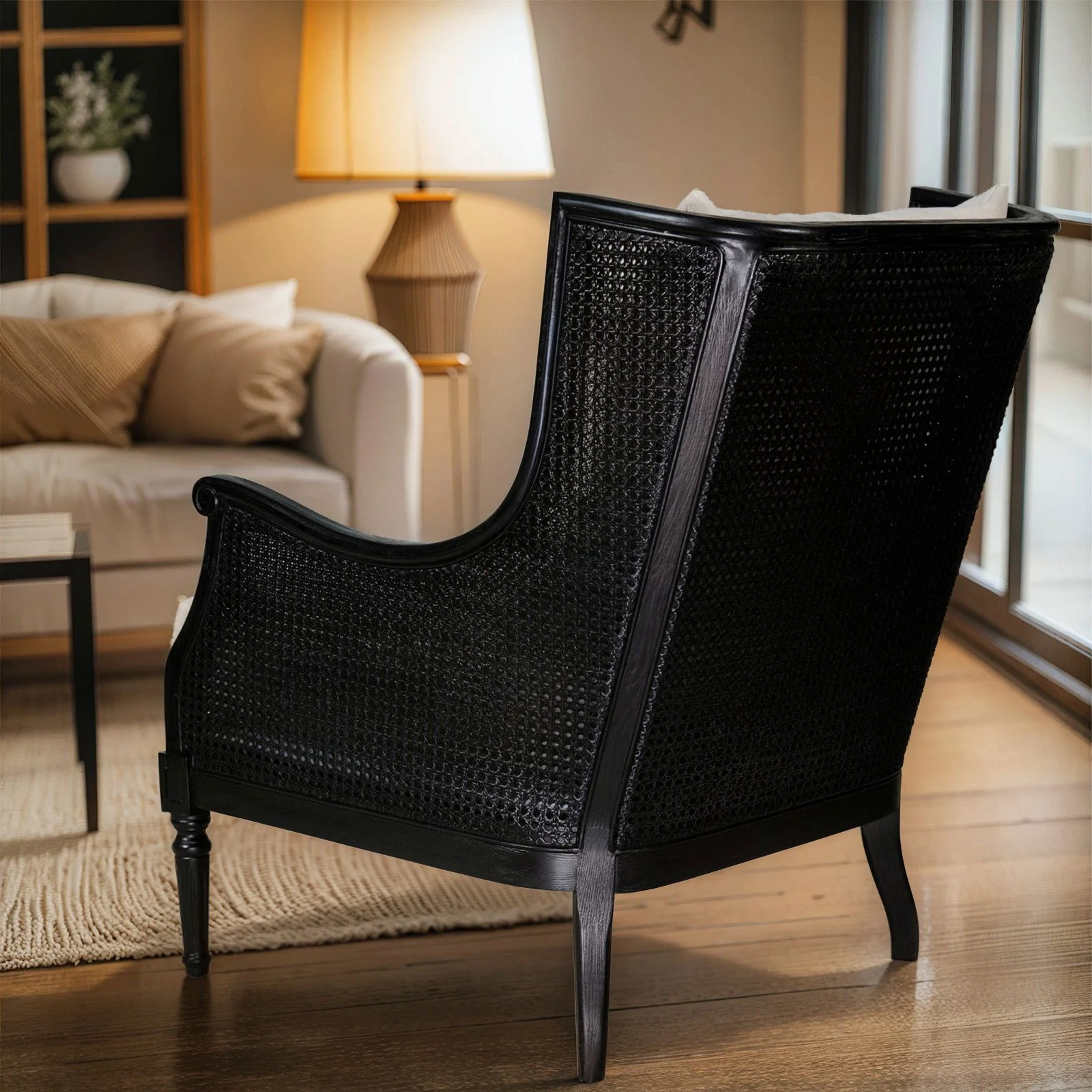 French Provincial Louis Havana Linen and Rattan Wingback Armchair - Image 16