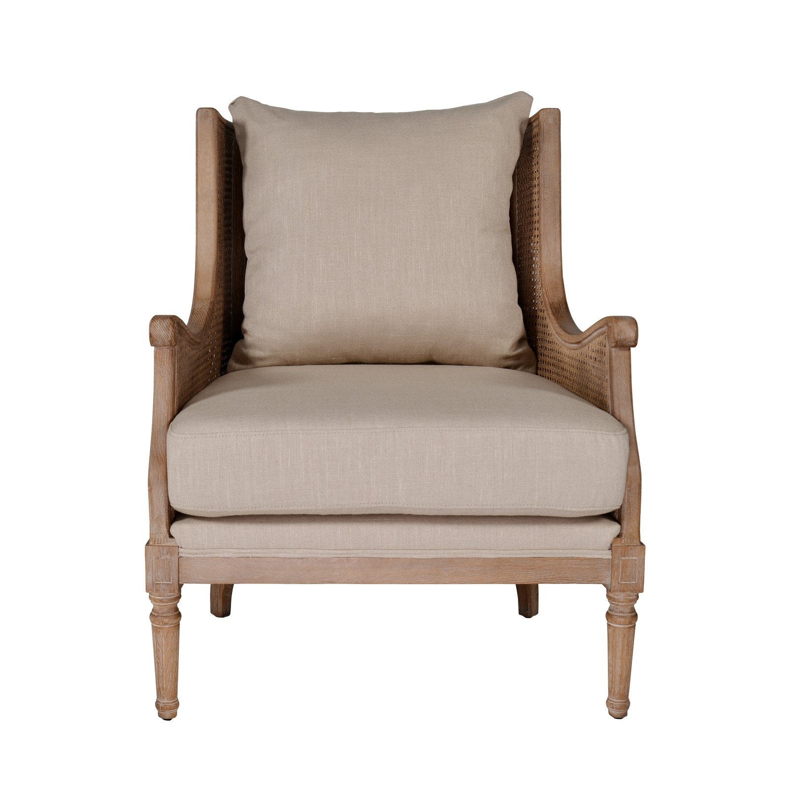 French Provincial Louis Havana Linen and Rattan Wingback Armchair - Image 17