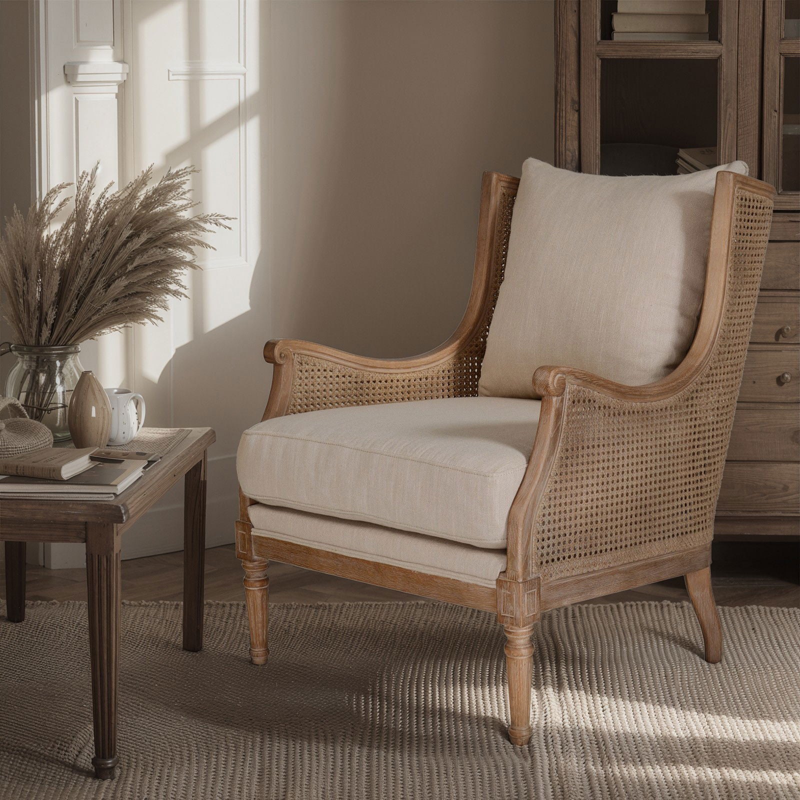 French Provincial Louis Havana Linen and Rattan Wingback Armchair - Image 18