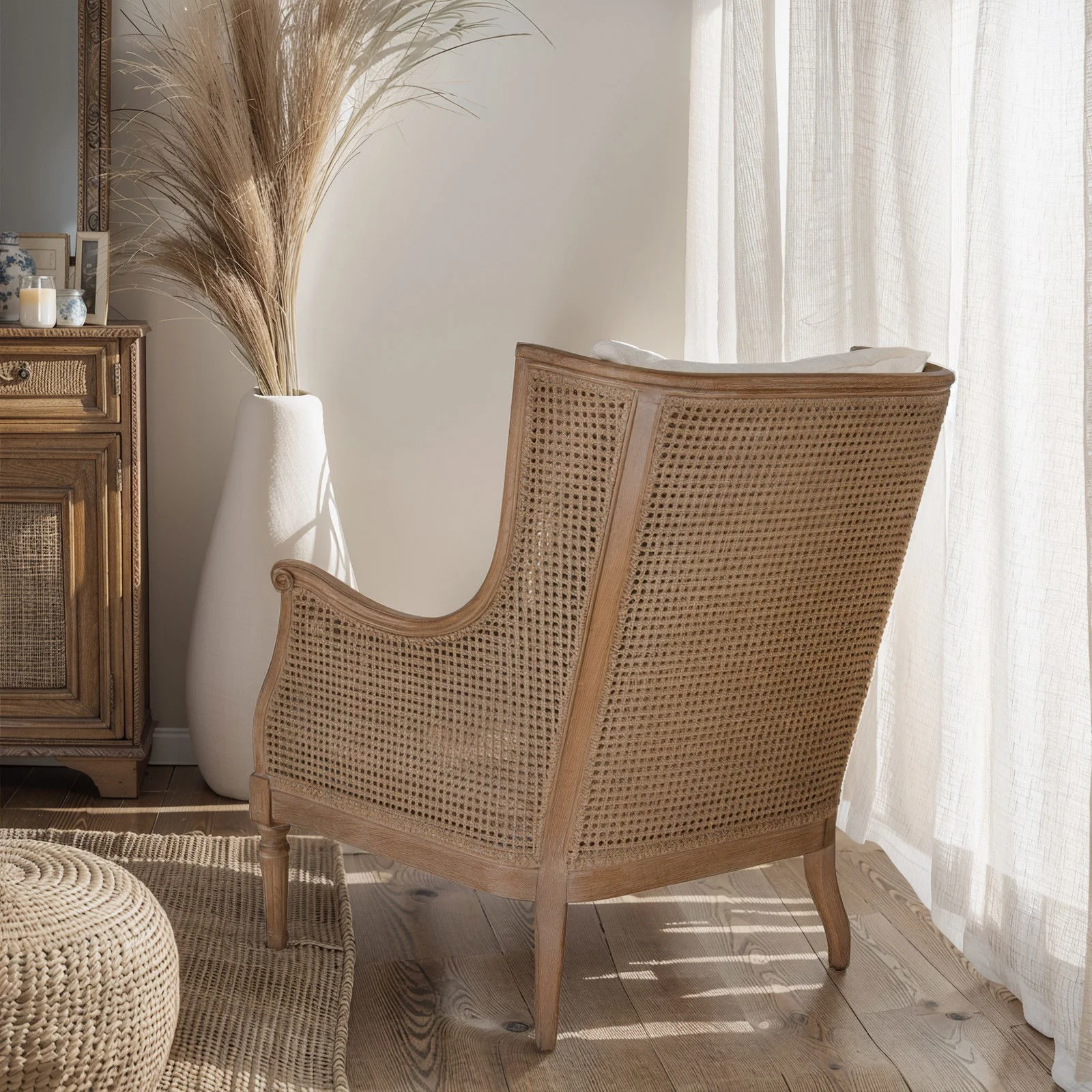 French Provincial Louis Havana Linen and Rattan Wingback Armchair - Image 19