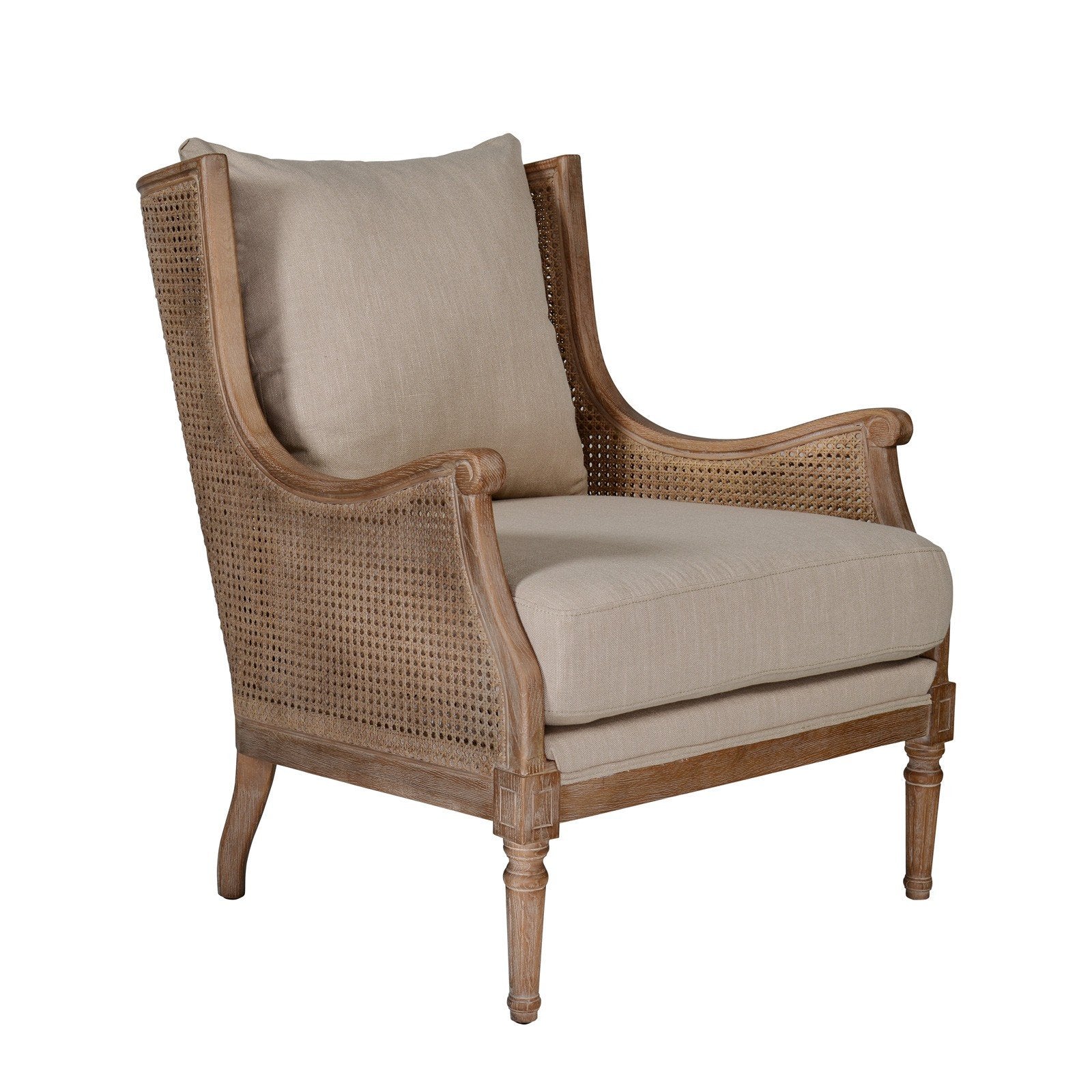 French Provincial Louis Havana Linen and Rattan Wingback Armchair - Image 20