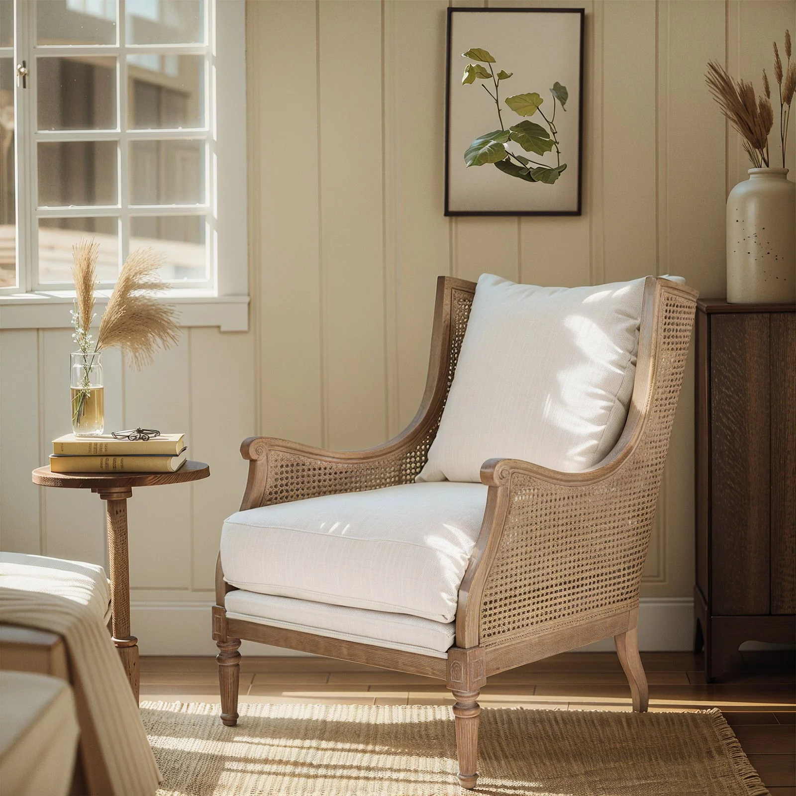 French Provincial Louis Havana Linen and Rattan Wingback Armchair - Image 21