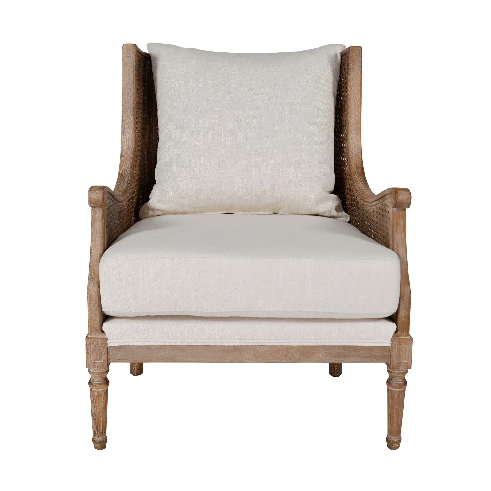 French Provincial Louis Havana Linen and Rattan Wingback Armchair - Image 25