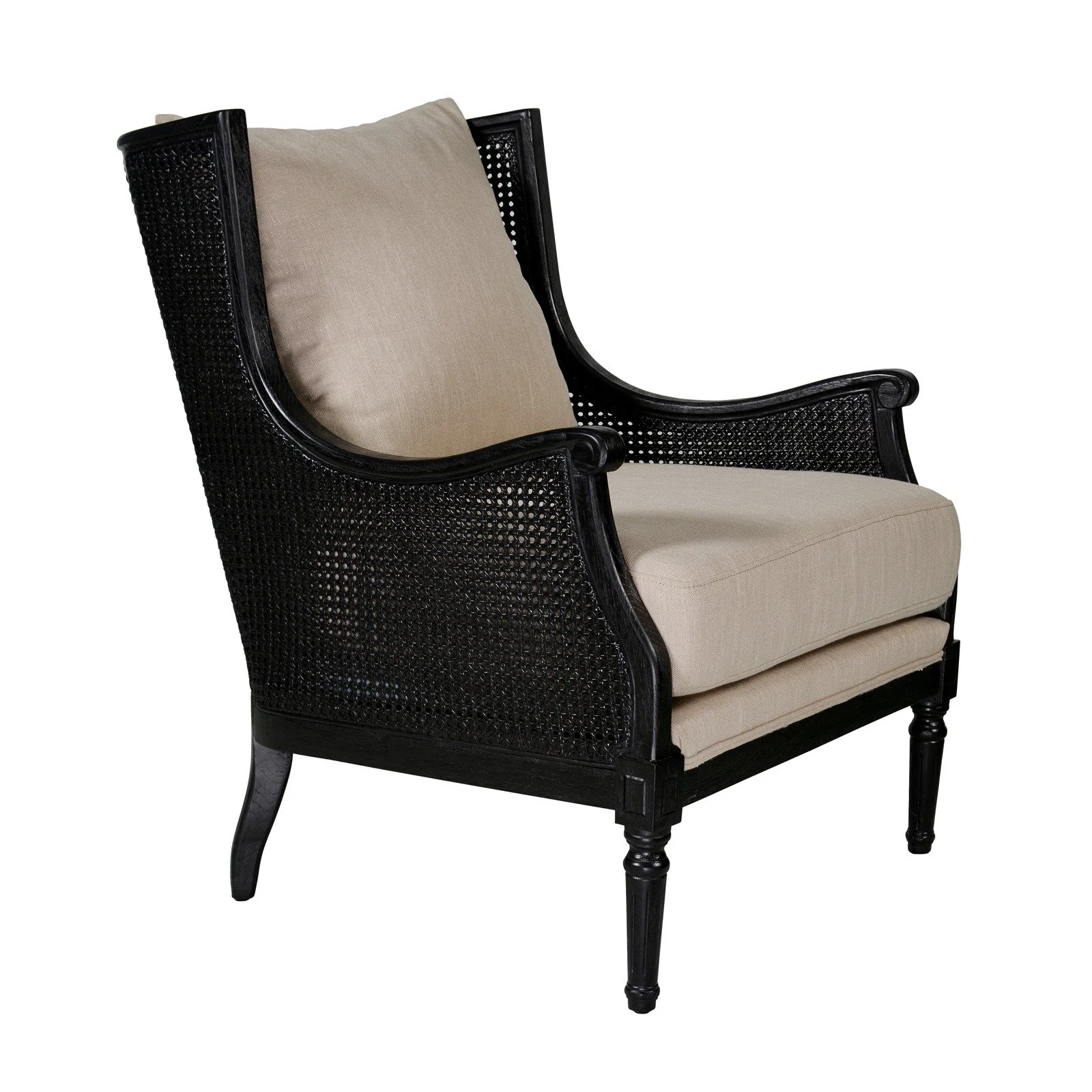 French Provincial Louis Havana Linen and Rattan Wingback Armchair - Image 3