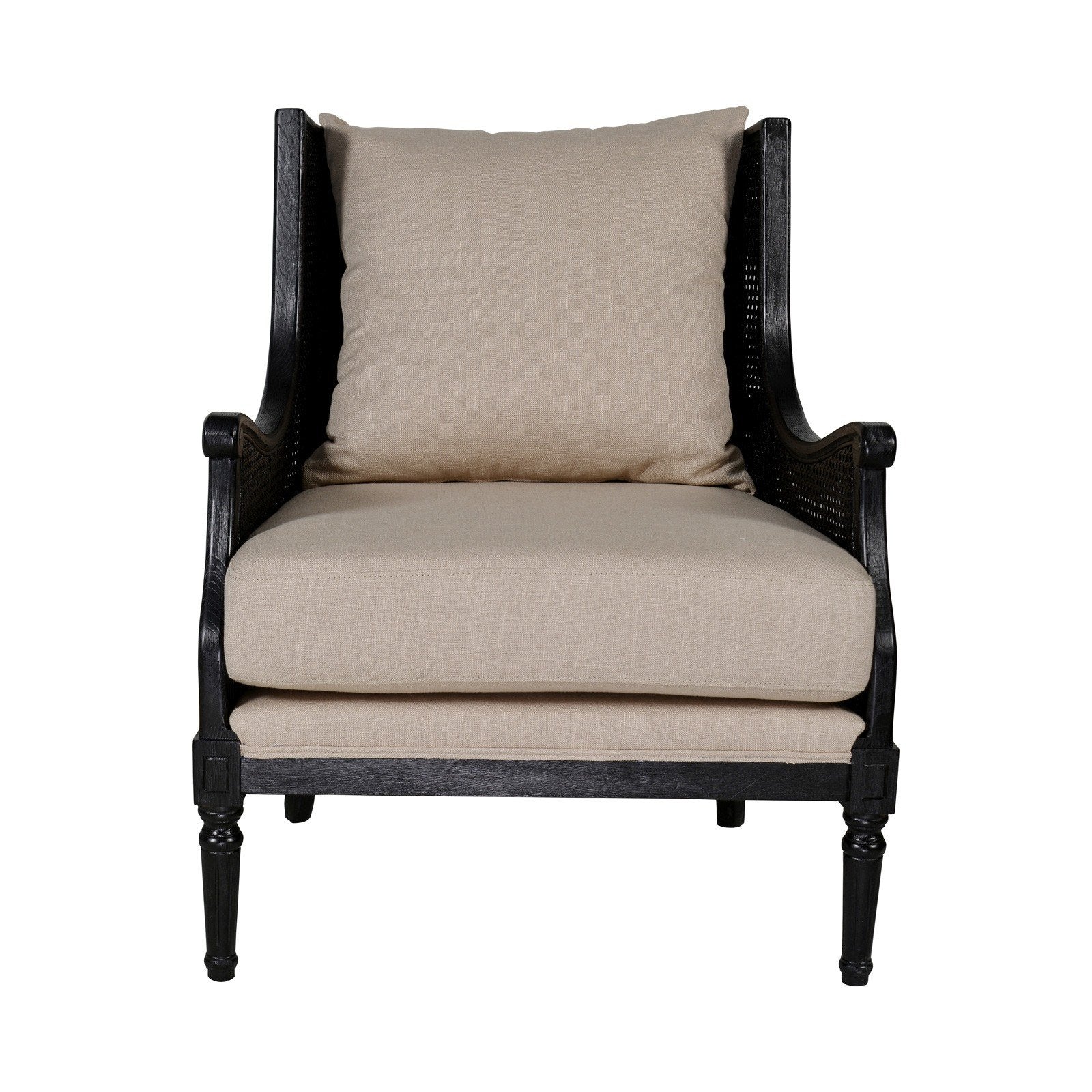 French Provincial Louis Havana Linen and Rattan Wingback Armchair - Image 4
