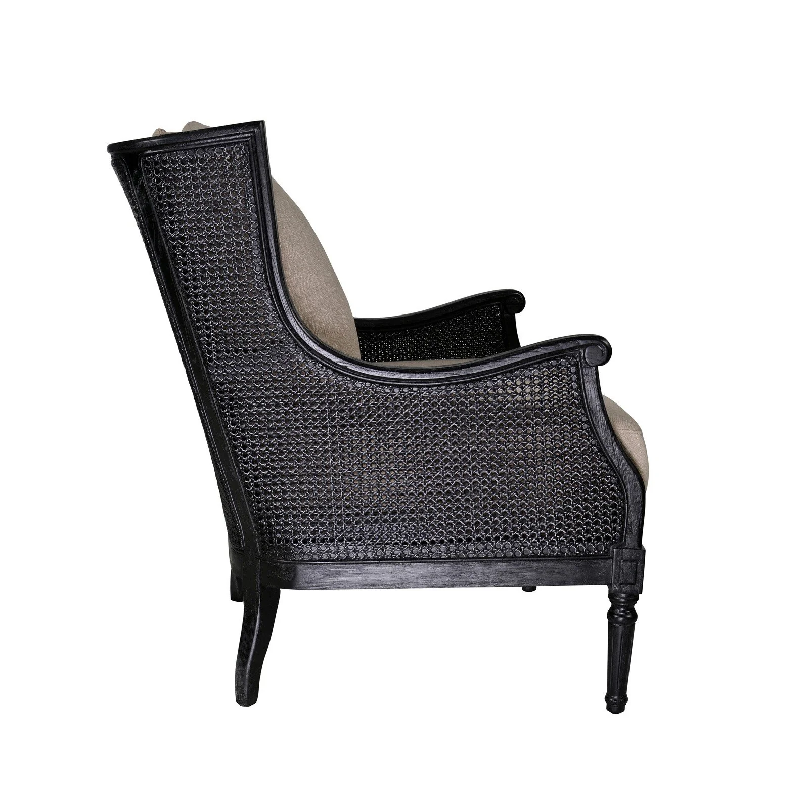 French Provincial Louis Havana Linen and Rattan Wingback Armchair - Image 5
