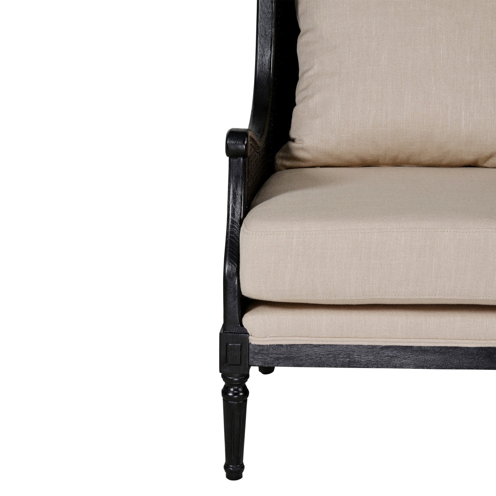 French Provincial Louis Havana Linen and Rattan Wingback Armchair - Image 8