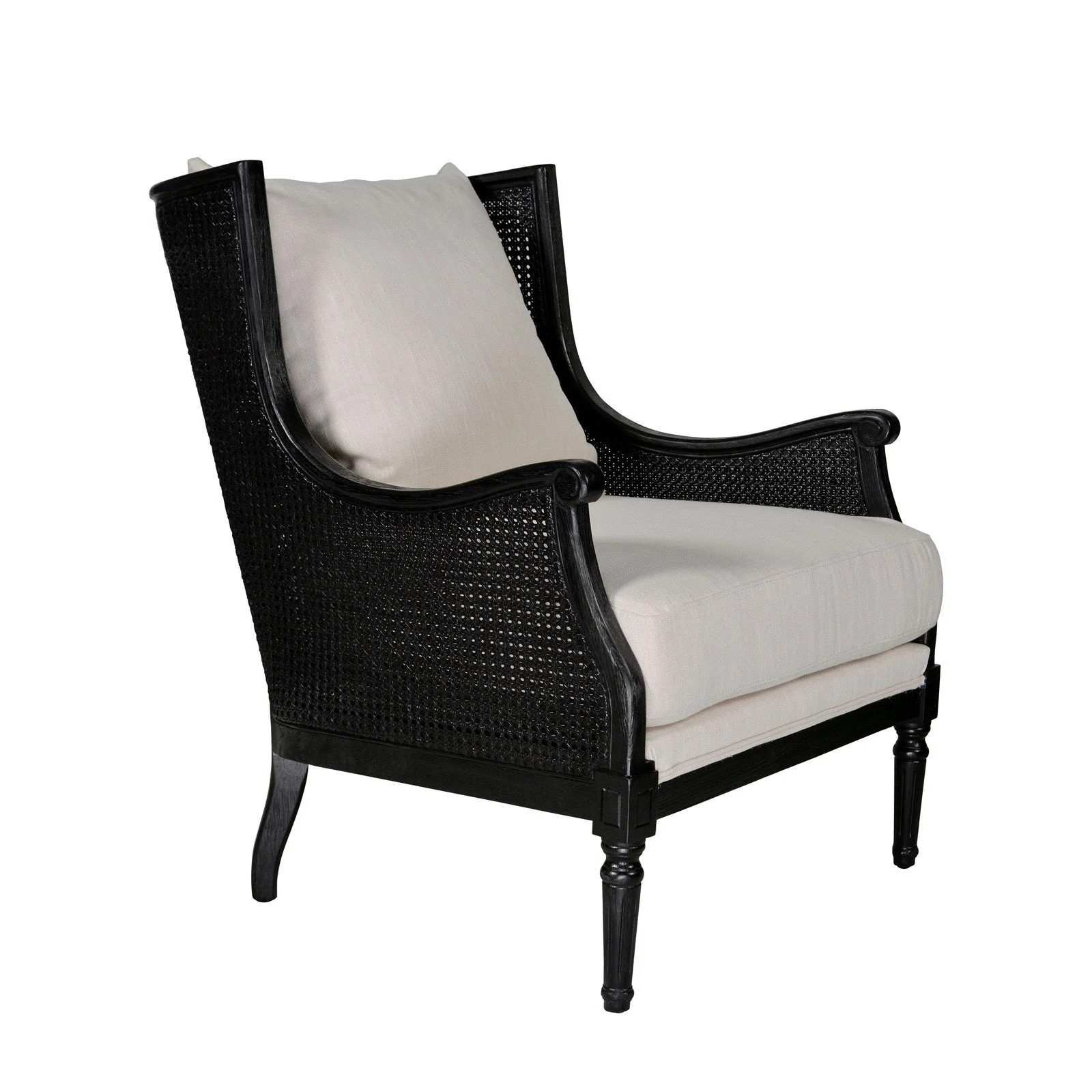 French Provincial Louis Havana Linen and Rattan Wingback Armchair - Image 9