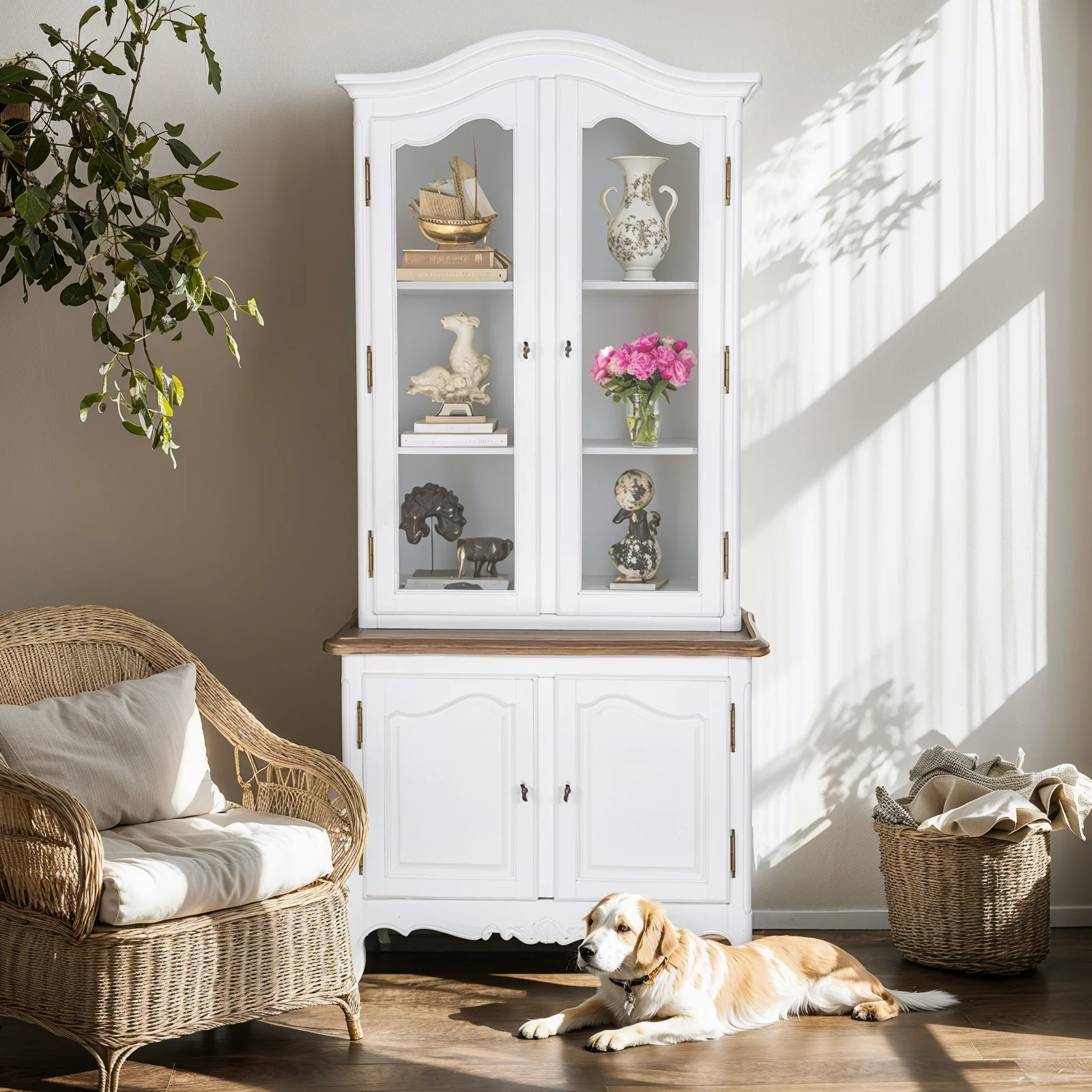 French Provincial Louis Vintage Glass Display Buffet and Hutch Cupboard Cabinet - Image 3