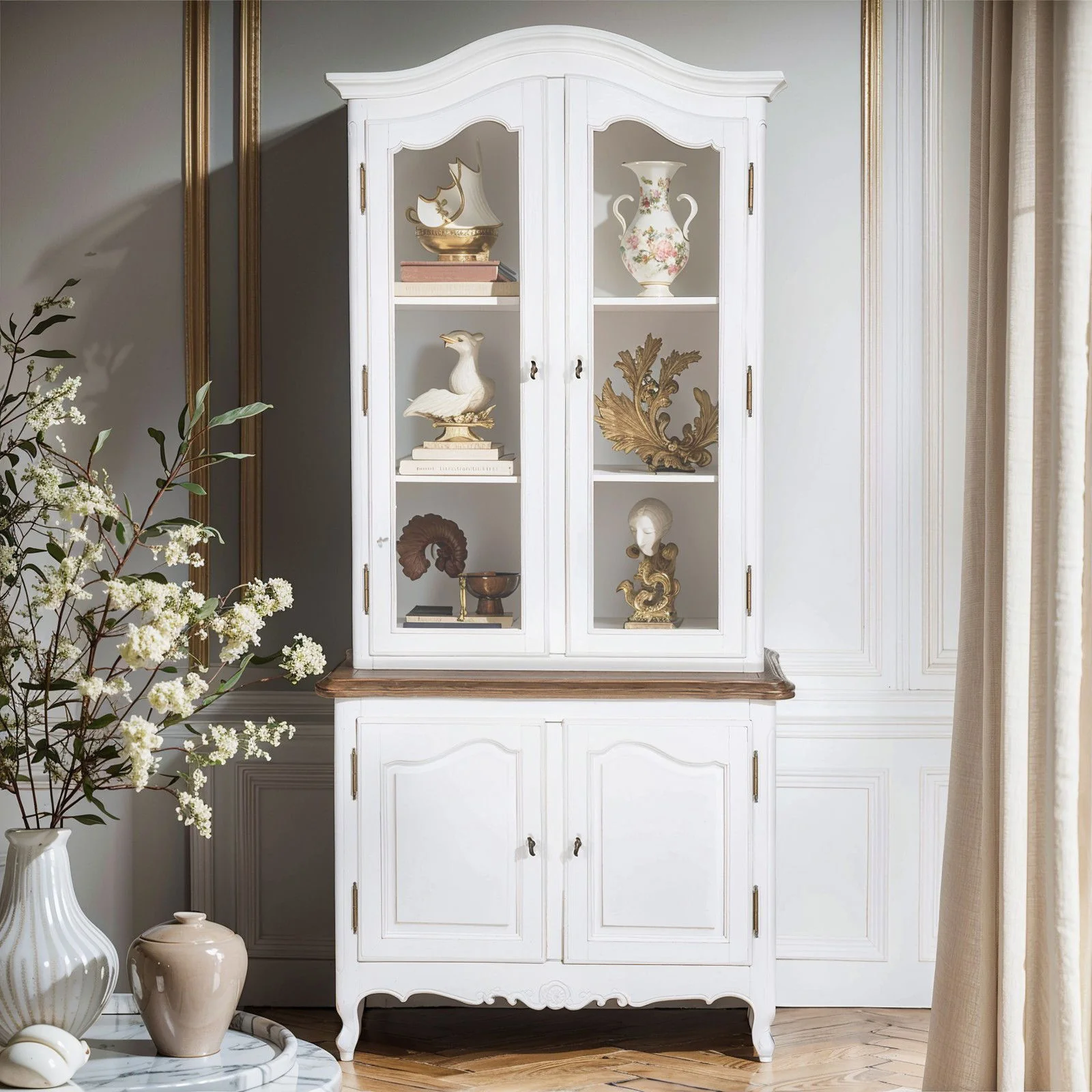 French Provincial Louis Vintage Glass Display Buffet and Hutch Cupboard Cabinet - Image 4