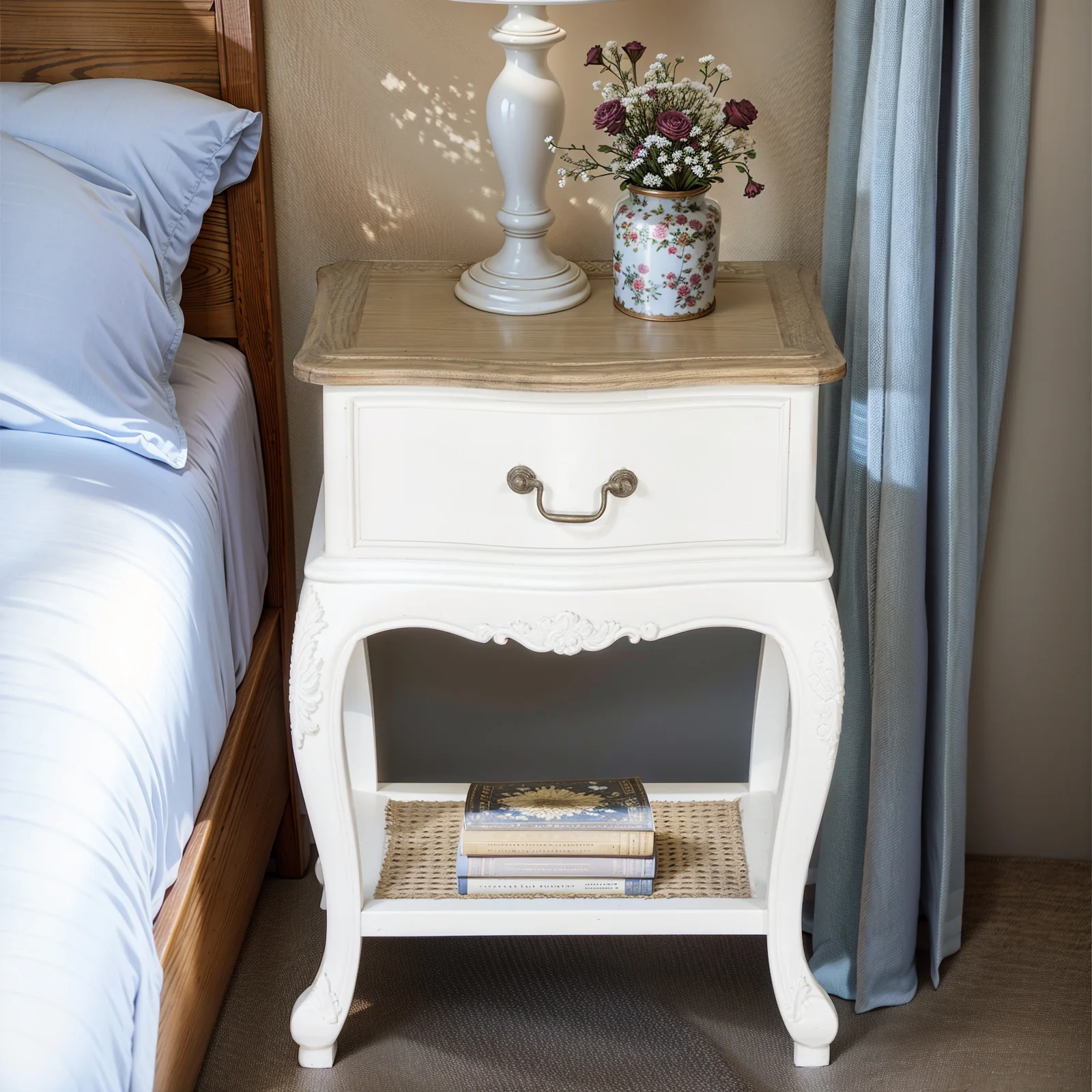 French Provincial Provence Bedside Lamp Table - Image 3