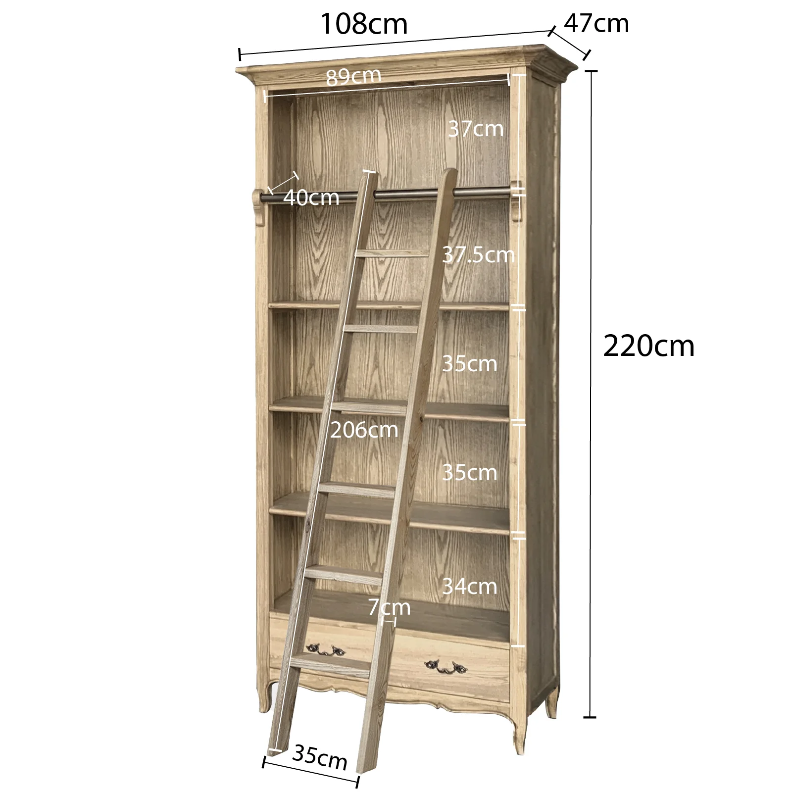 French Provincial Provence Extendable Library Bookcase Natural Ash with Ladder - Image 14