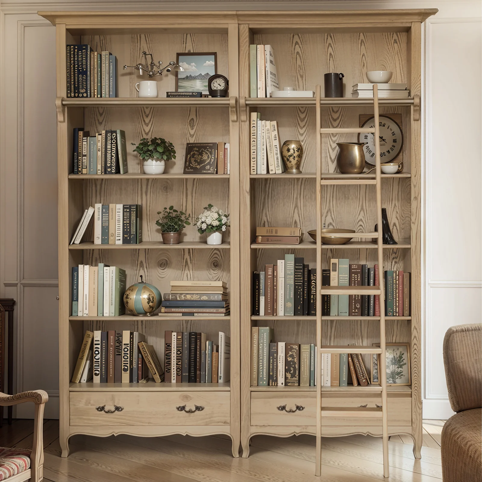 French Provincial Provence Extendable Library Bookcase Natural Ash with Ladder - Image 3