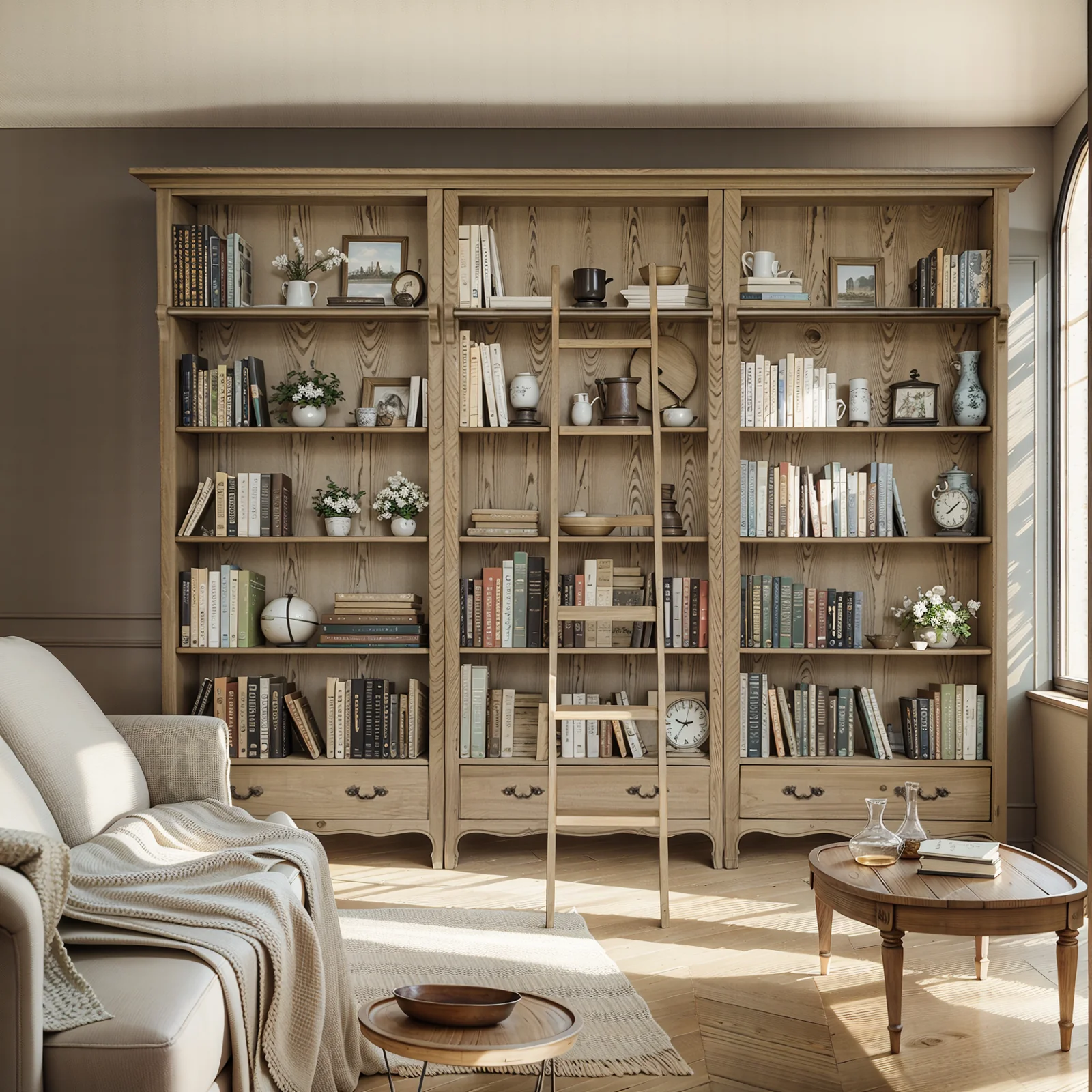 French Provincial Provence Extendable Library Bookcase Natural Ash with Ladder - Image 4