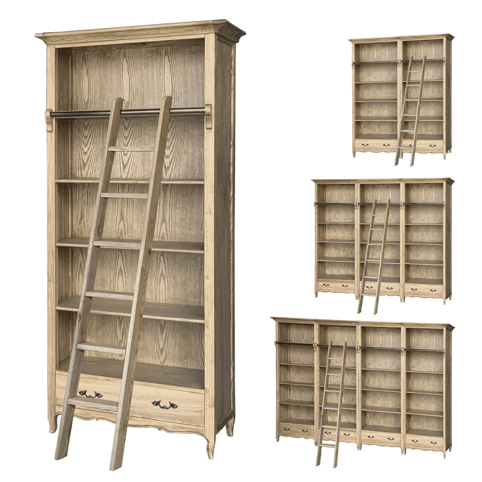 French Provincial Provence Extendable Library Bookcase Natural Ash with Ladder - Image 6