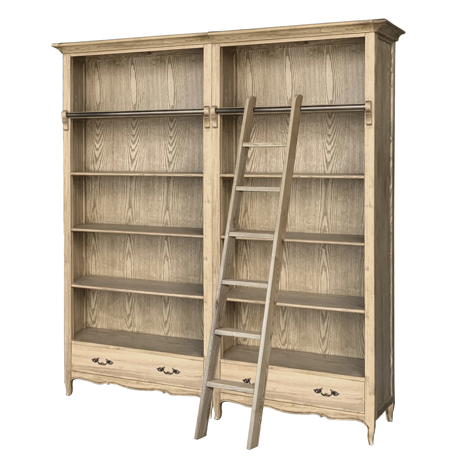 French Provincial Provence Extendable Library Bookcase Natural Ash with Ladder - Image 8
