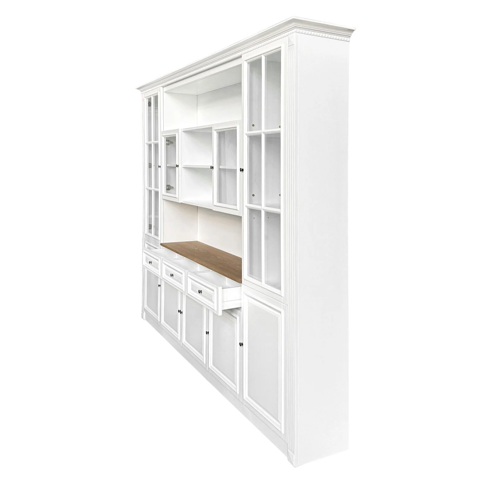 Hamptons Library Wall Unit Modular Buffet and Hutch Glass Cabinet with Cupboard in White with Natural Top - Image 3