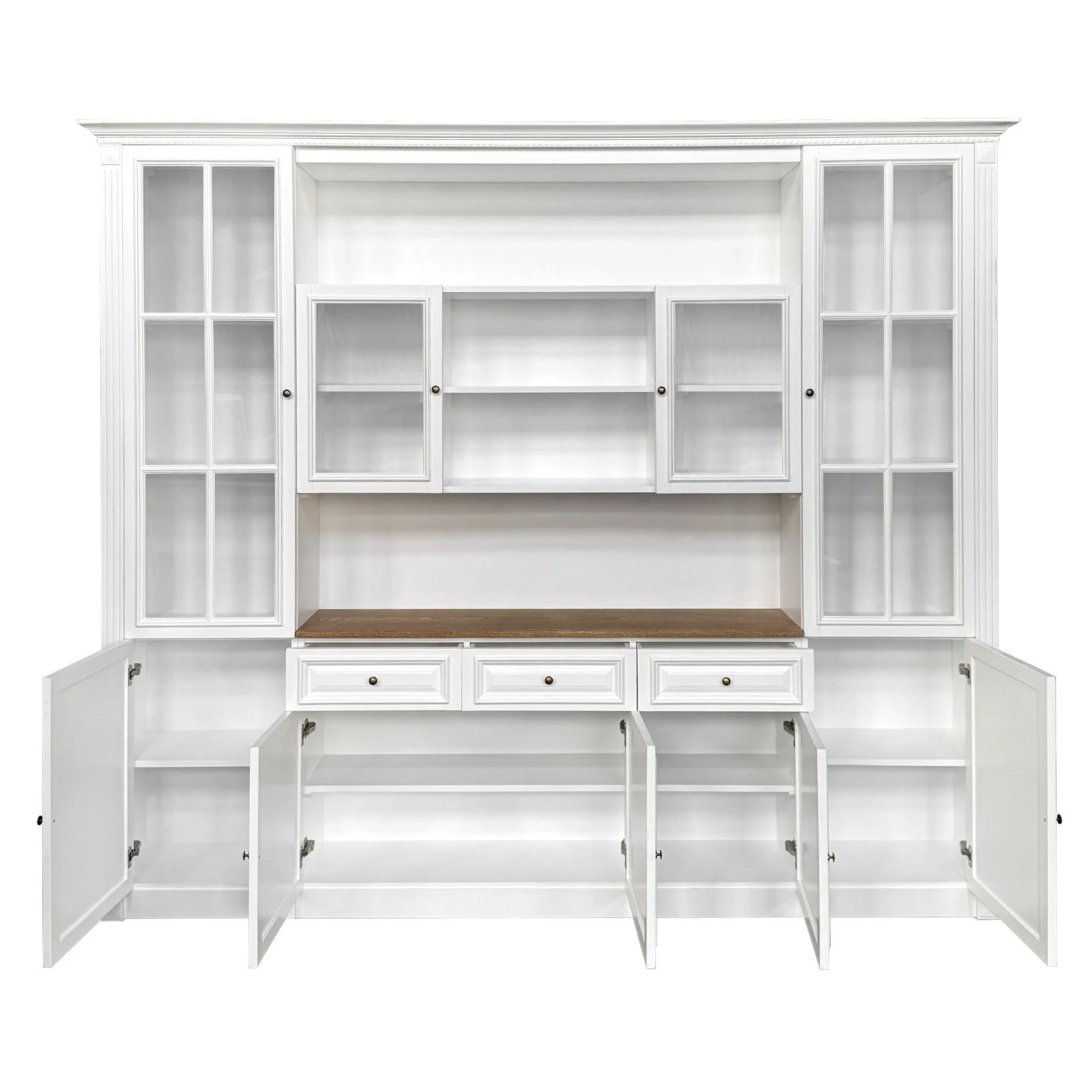 Hamptons Library Wall Unit Modular Buffet and Hutch Glass Cabinet with Cupboard in White with Natural Top - Image 4