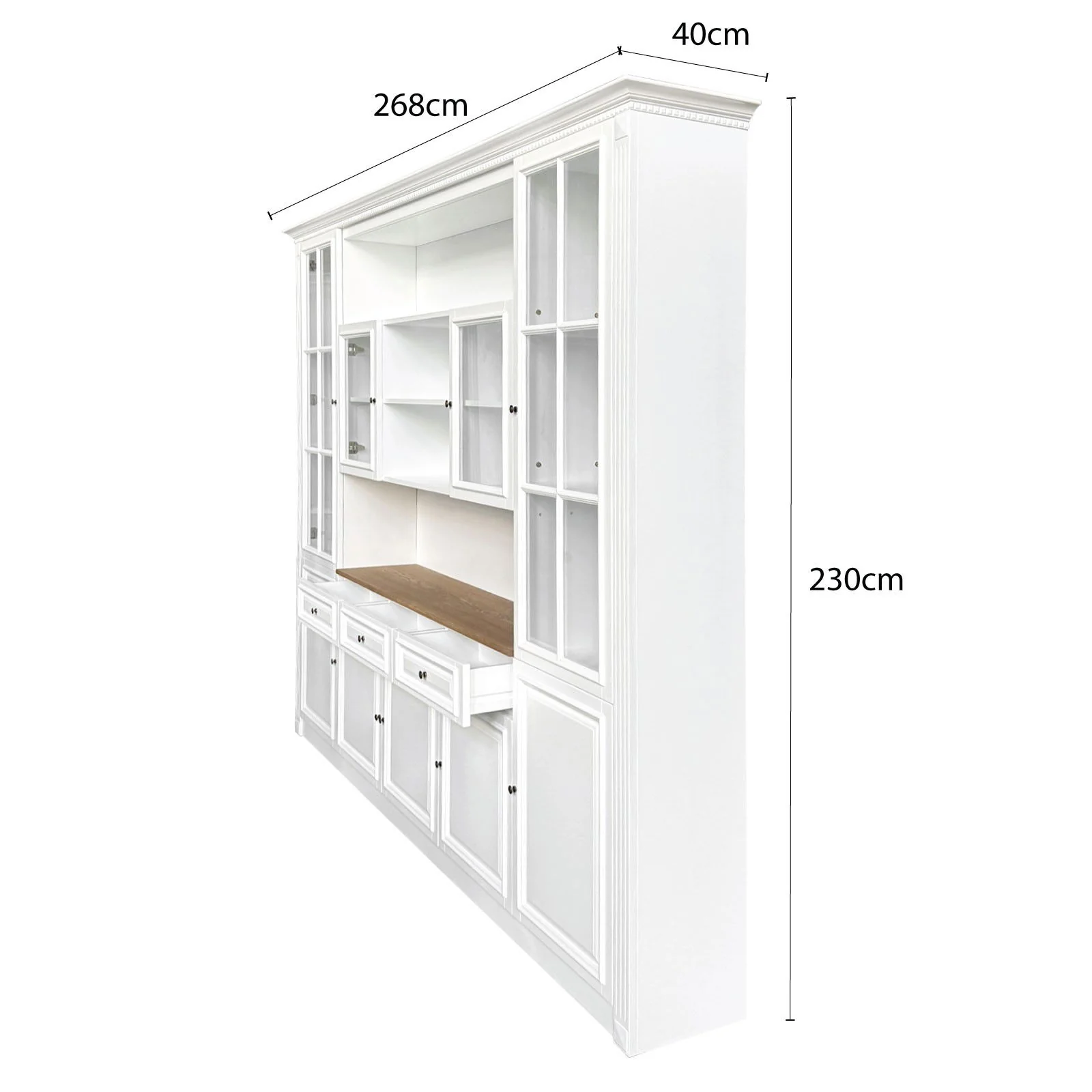 Hamptons Library Wall Unit Modular Buffet and Hutch Glass Cabinet with Cupboard in White with Natural Top - Image 5