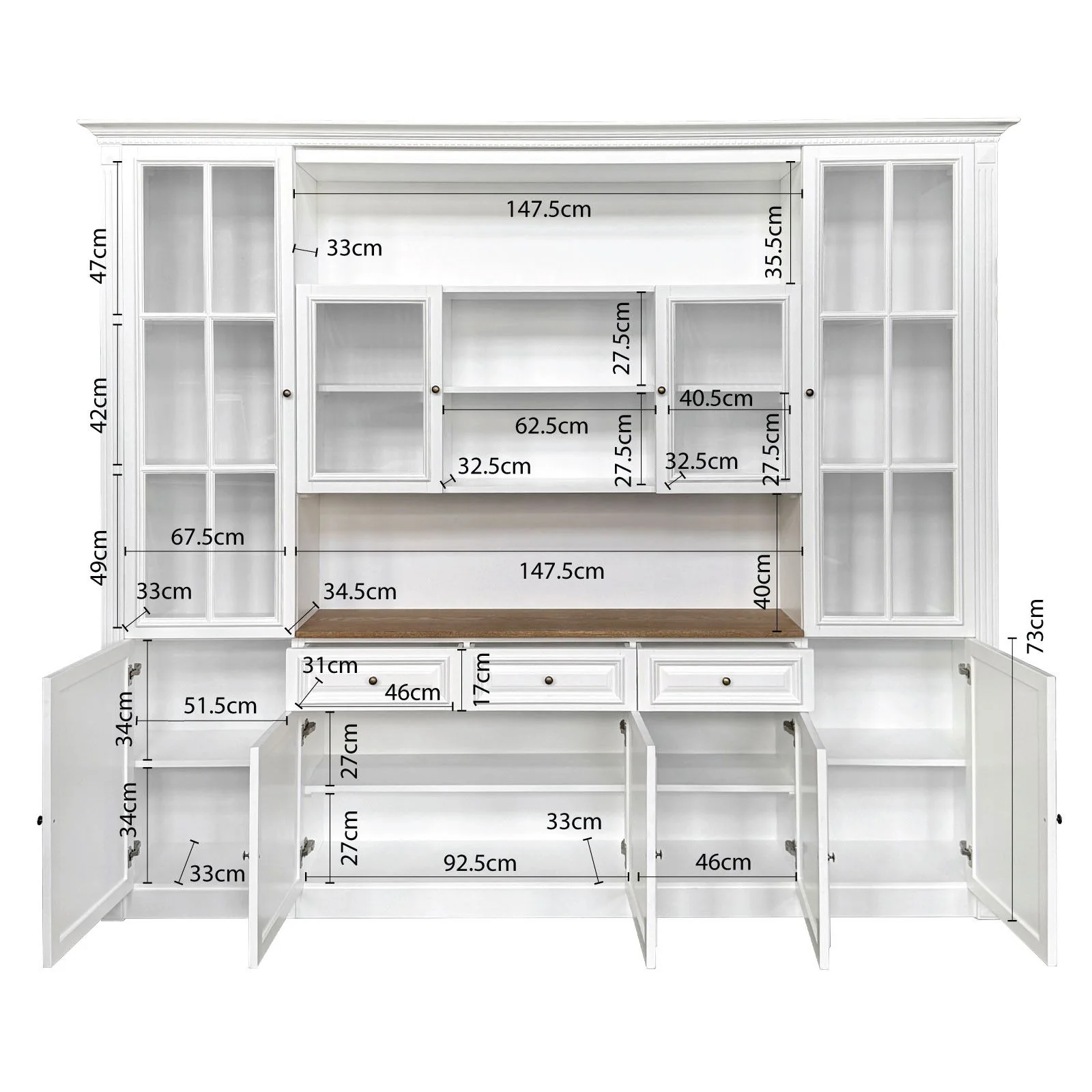 Hamptons Library Wall Unit Modular Buffet and Hutch Glass Cabinet with Cupboard in White with Natural Top - Image 6