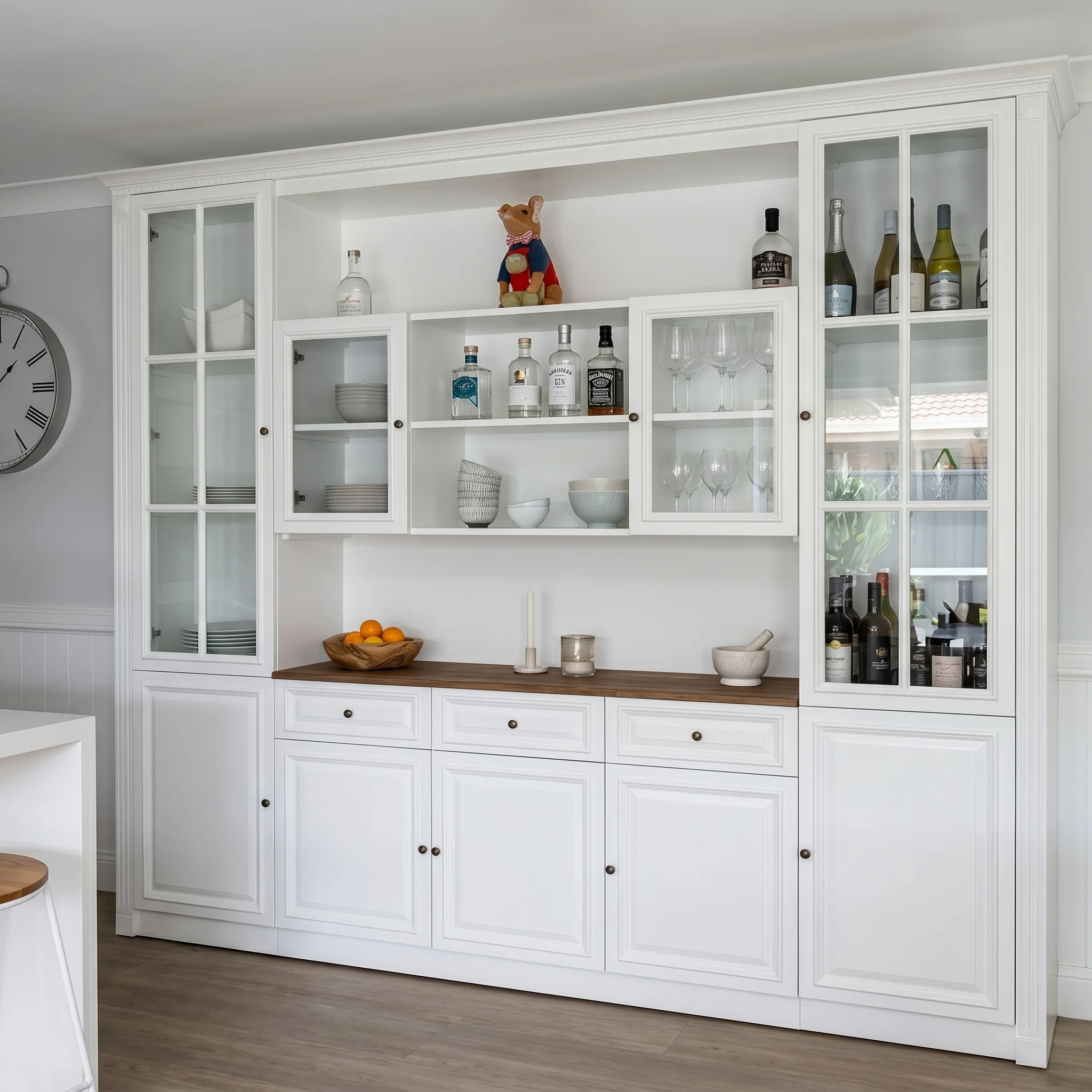 Hamptons Library Wall Unit Modular Buffet and Hutch Glass Cabinet with Cupboard in White with Natural Top - Image 7
