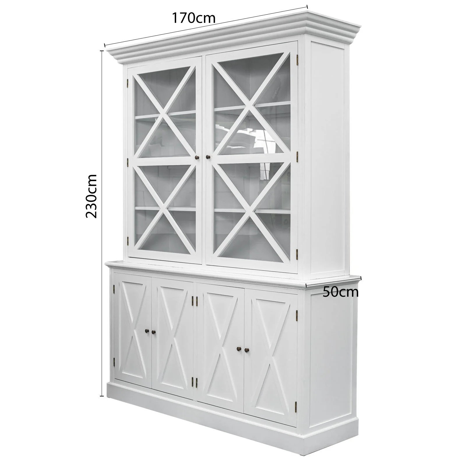 Hamptons Coastal Beach Style Cross Glass Door Hutch Display Cabinet & Buffet Bookcase Cupboard - Image 11
