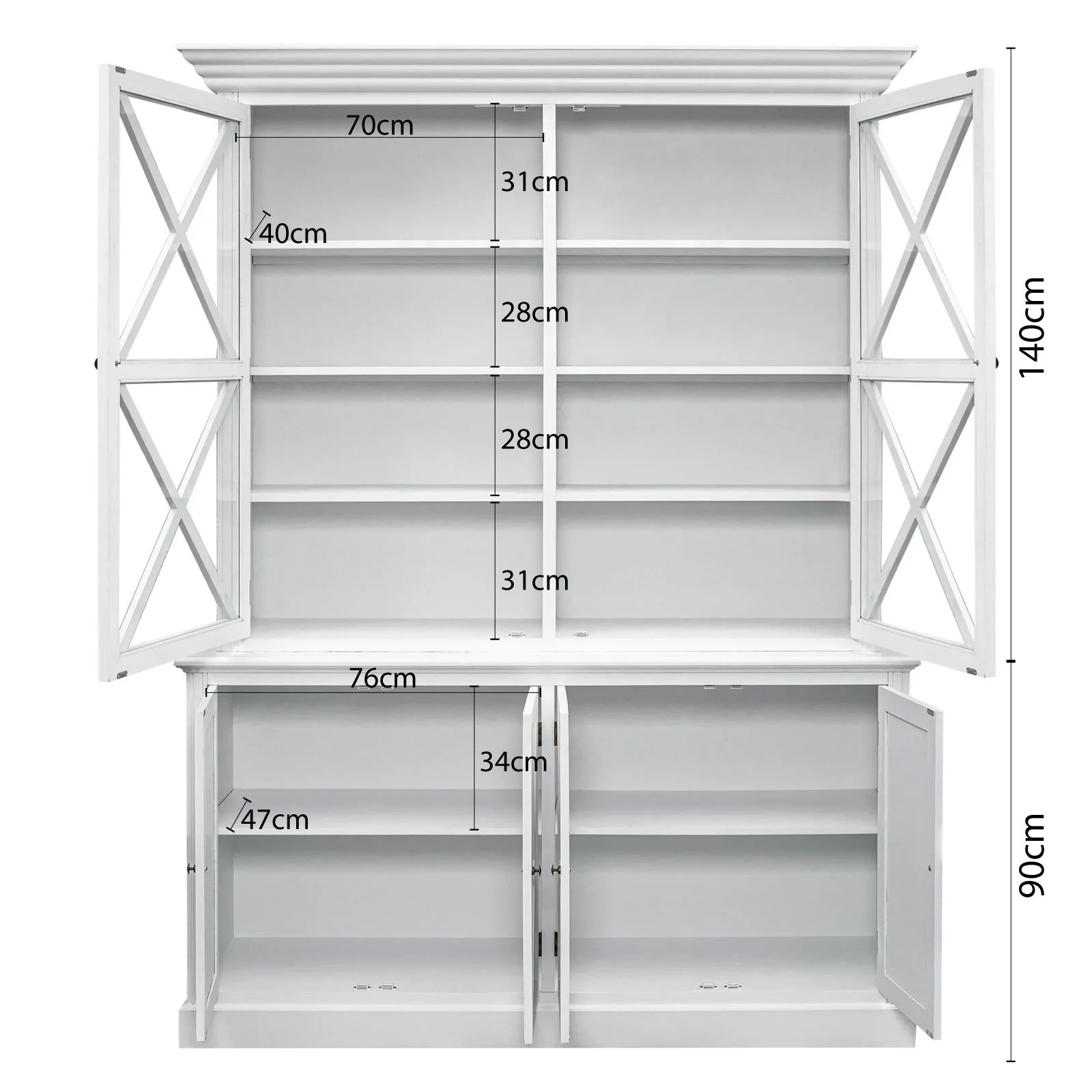 Hamptons Coastal Beach Style Cross Glass Door Hutch Display Cabinet & Buffet Bookcase Cupboard - Image 12