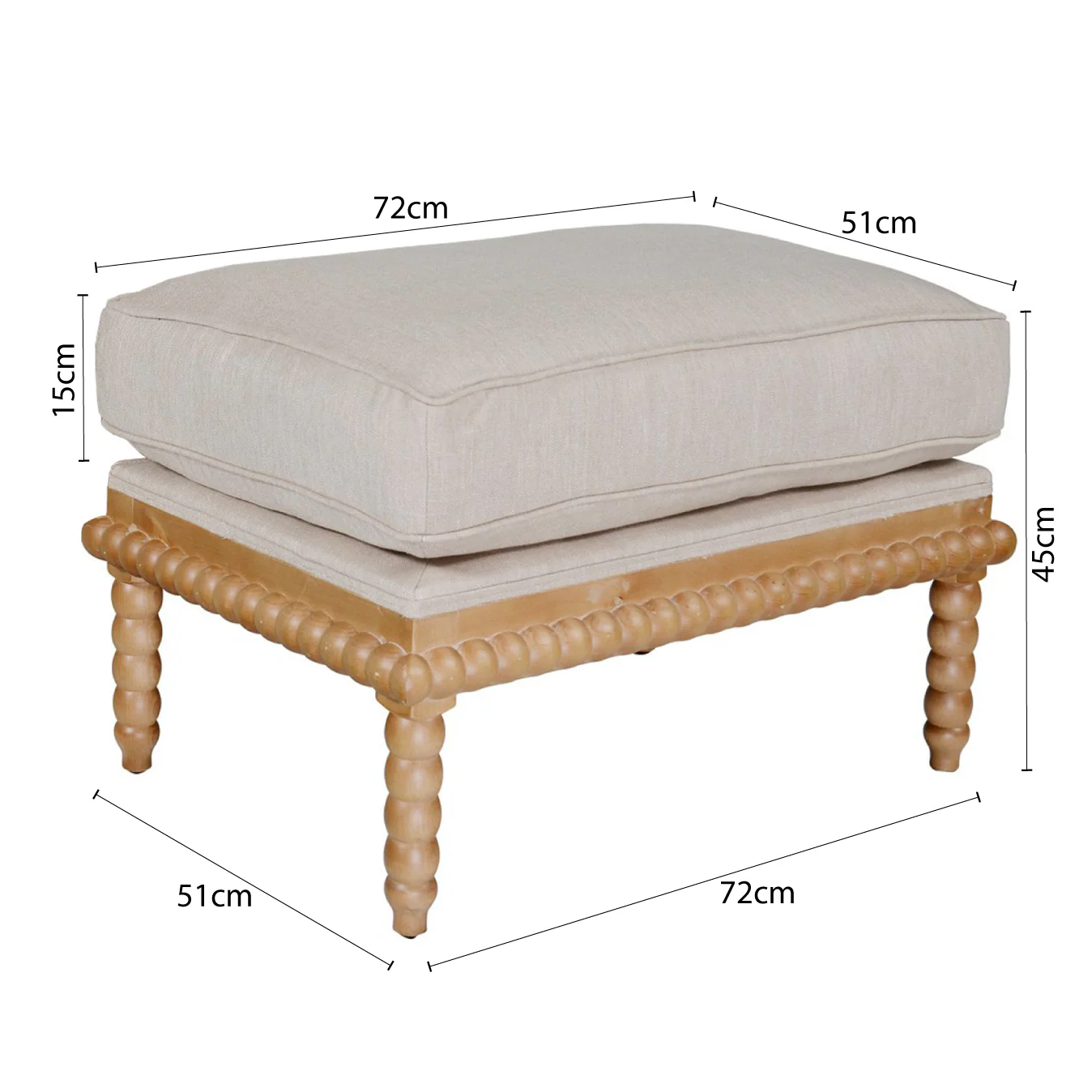 Hamptons Coastal Bobbin Line and Timber Ottoman Stool - Image 3