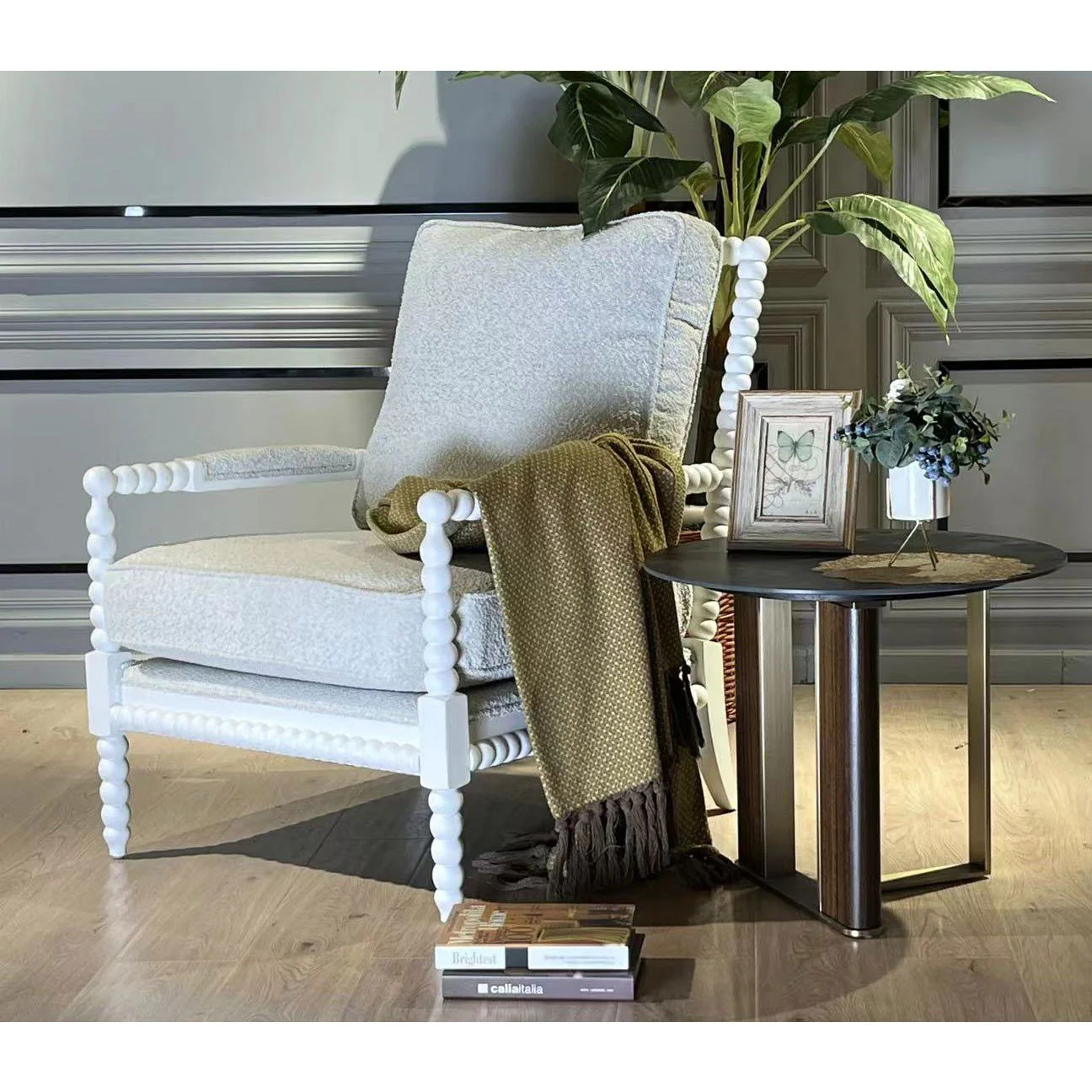 Hamptons Coastal Bobbin Linen and Timber Armchair - Image 11