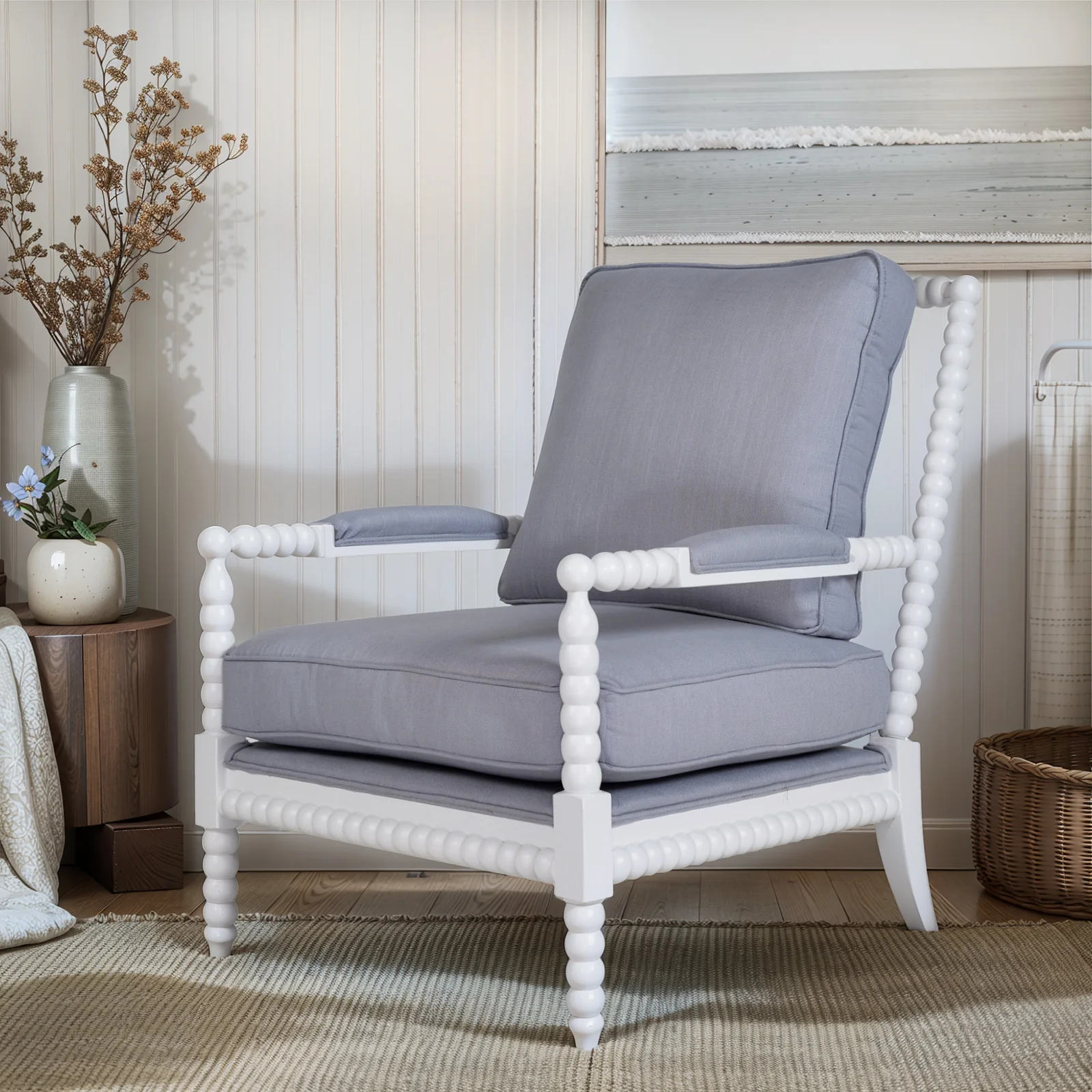 Hamptons Coastal Bobbin Linen and Timber Armchair - Image 13