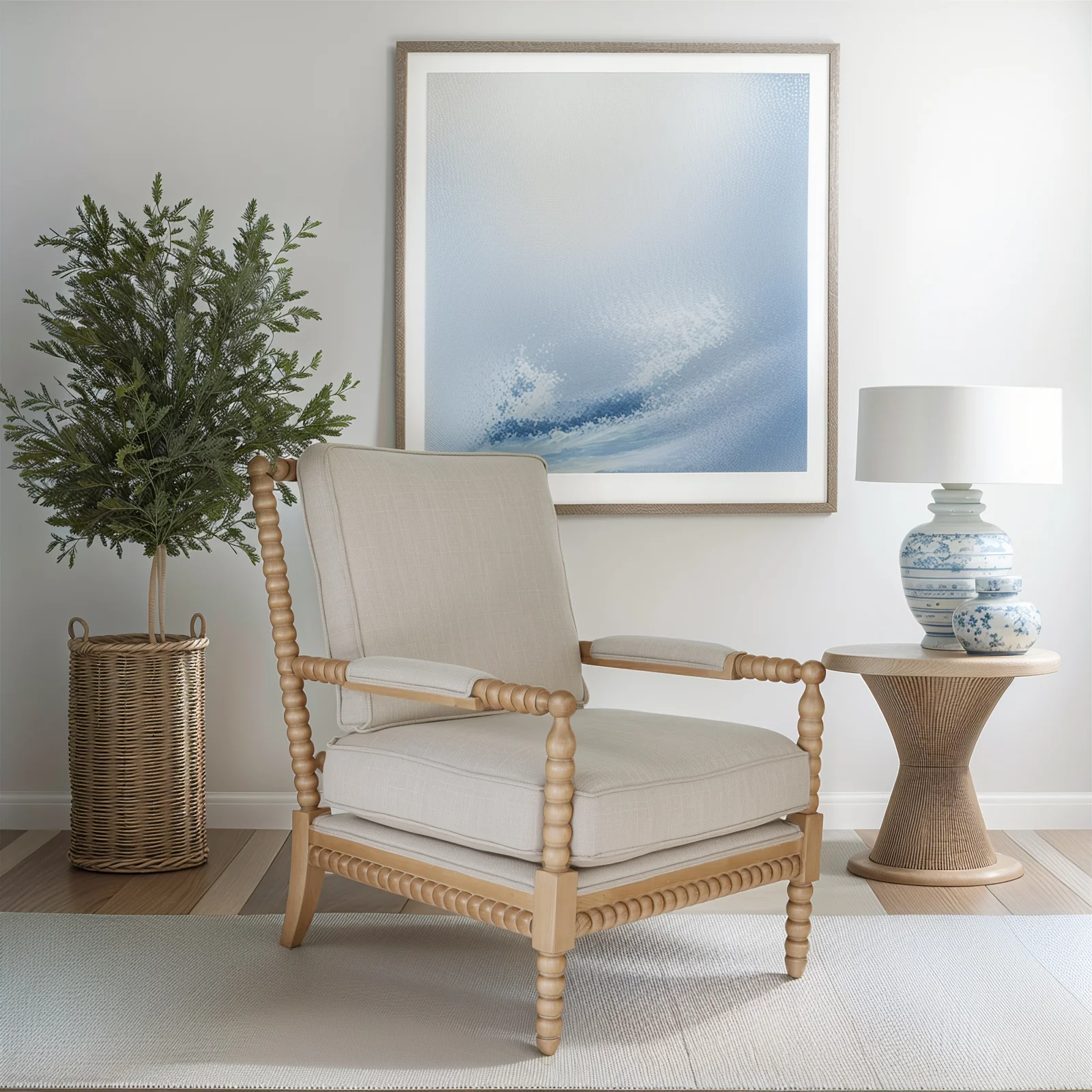 Hamptons Coastal Bobbin Linen and Timber Armchair - Image 28