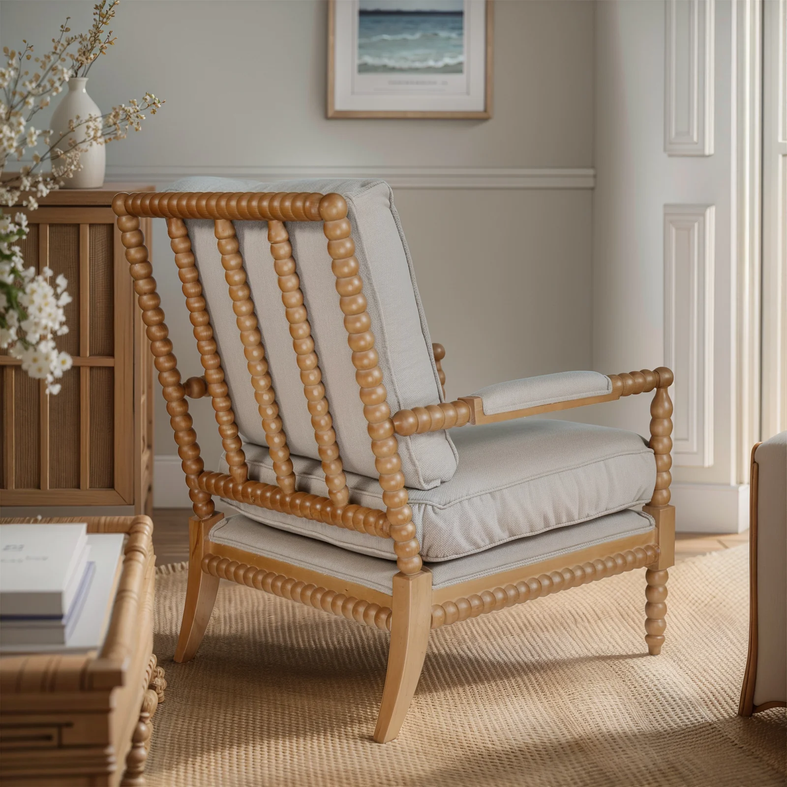 Hamptons Coastal Bobbin Linen and Timber Armchair - Image 29
