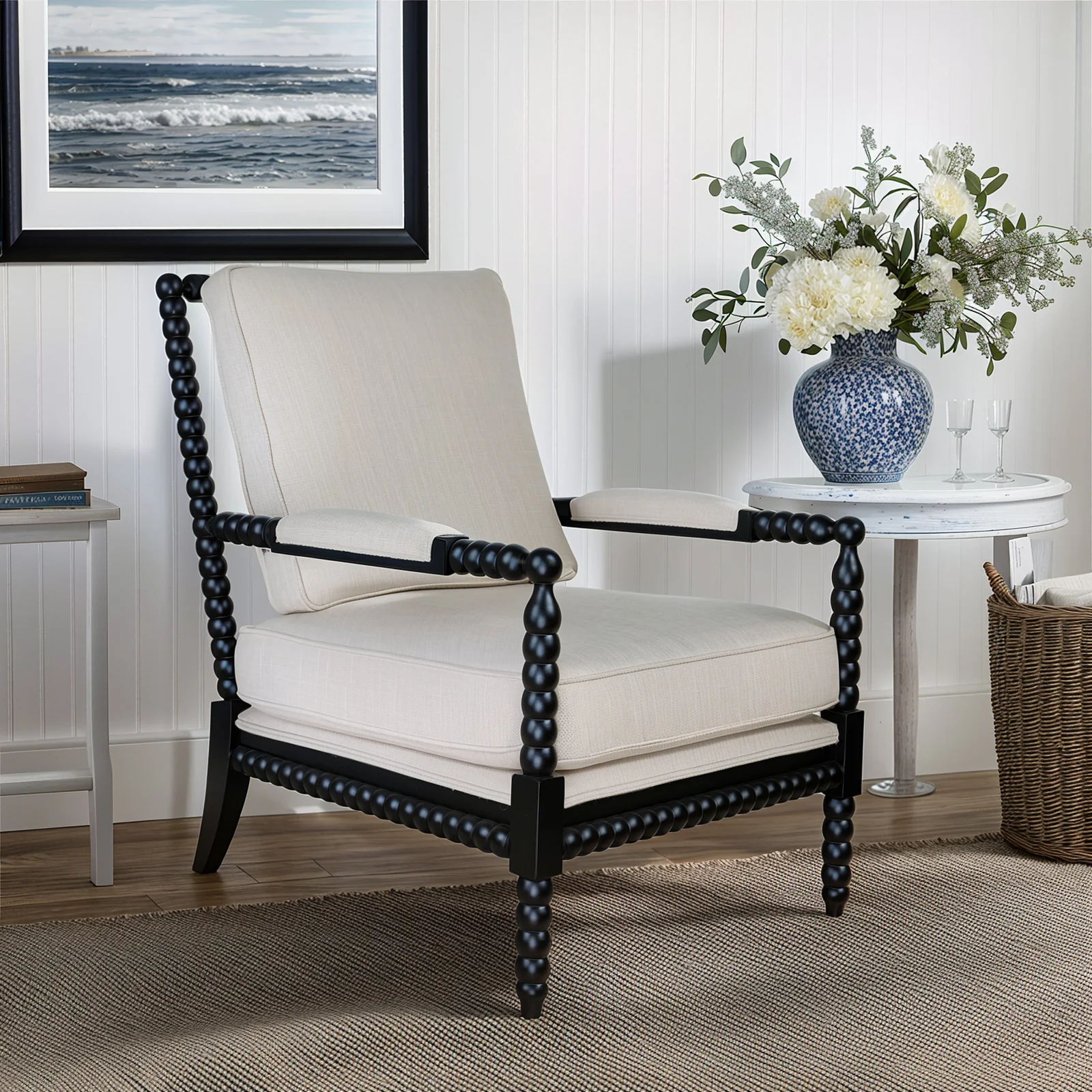 Hamptons Coastal Bobbin Linen and Timber Armchair - Image 45