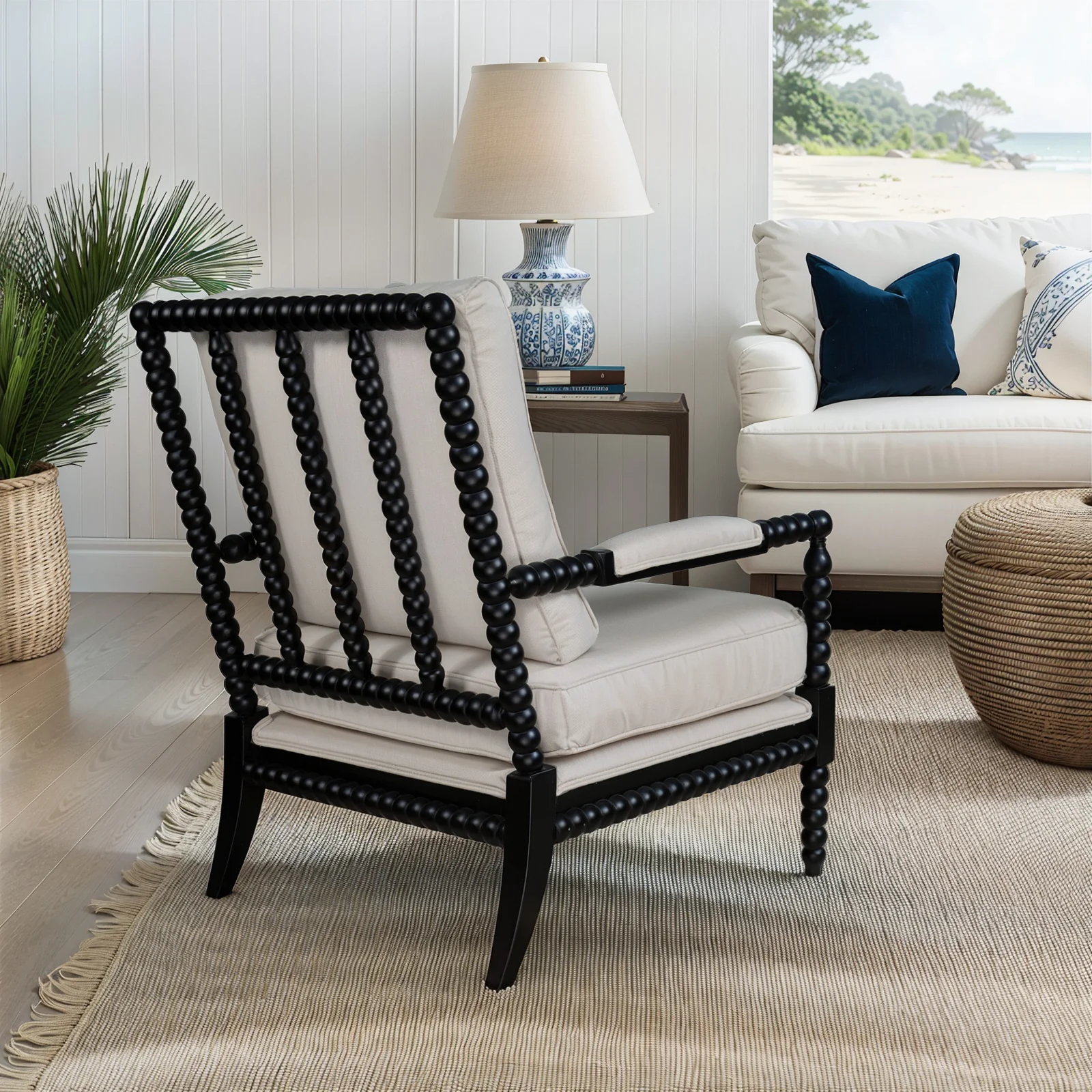 Hamptons Coastal Bobbin Linen and Timber Armchair - Image 46