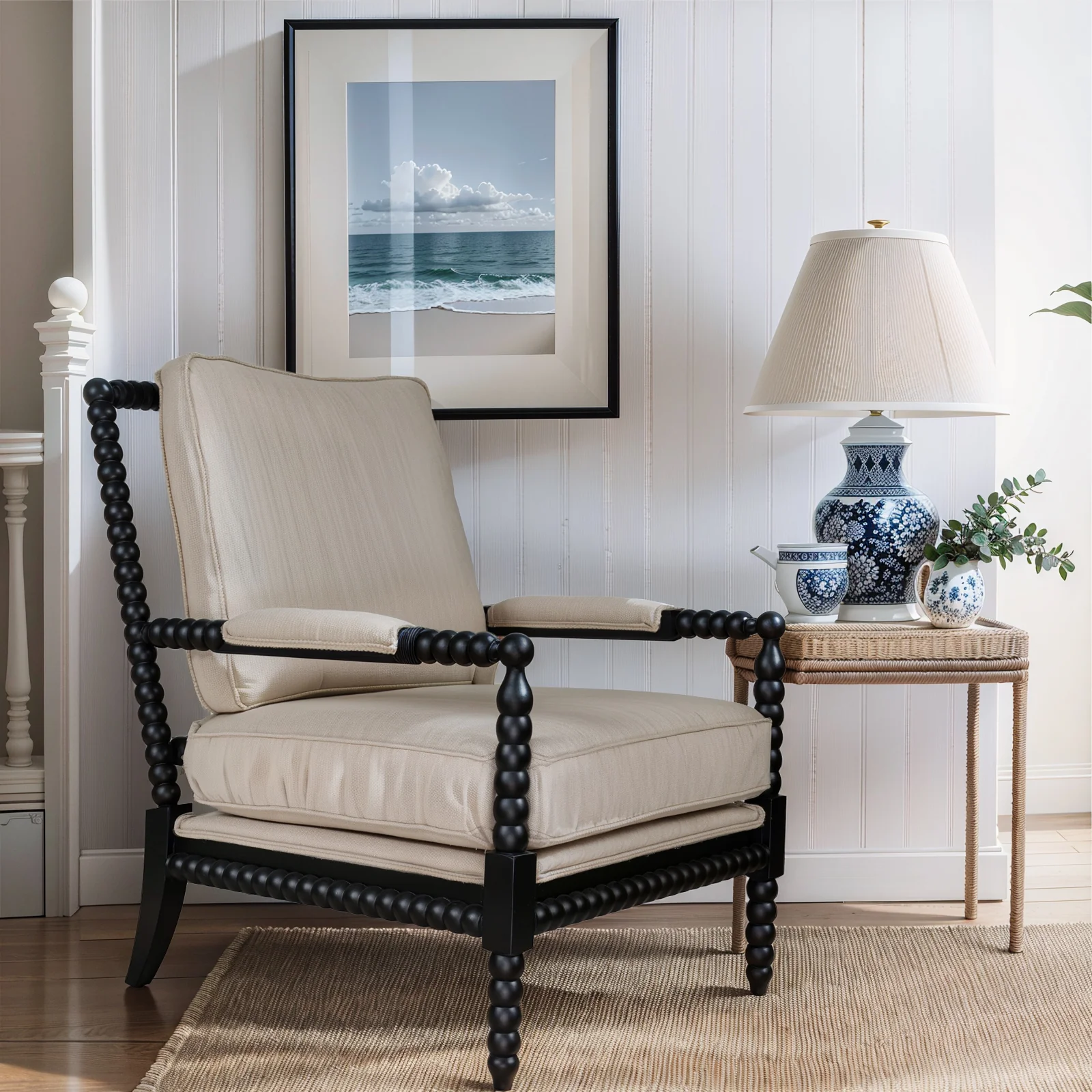 Hamptons Coastal Bobbin Linen and Timber Armchair - Image 55