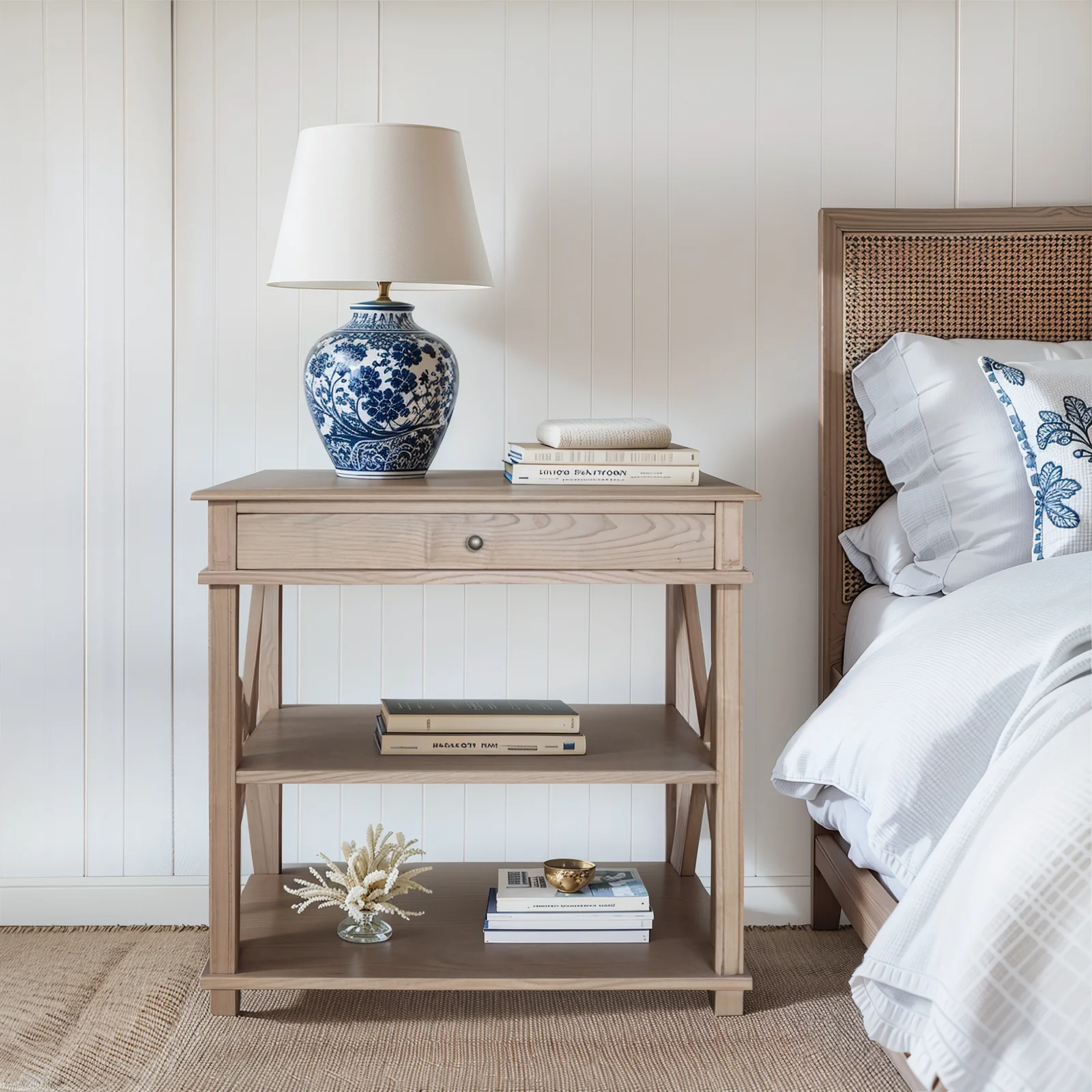 Hamptons Coastal Cross 1 Drawer Bedside Table with Shelf - Image 14