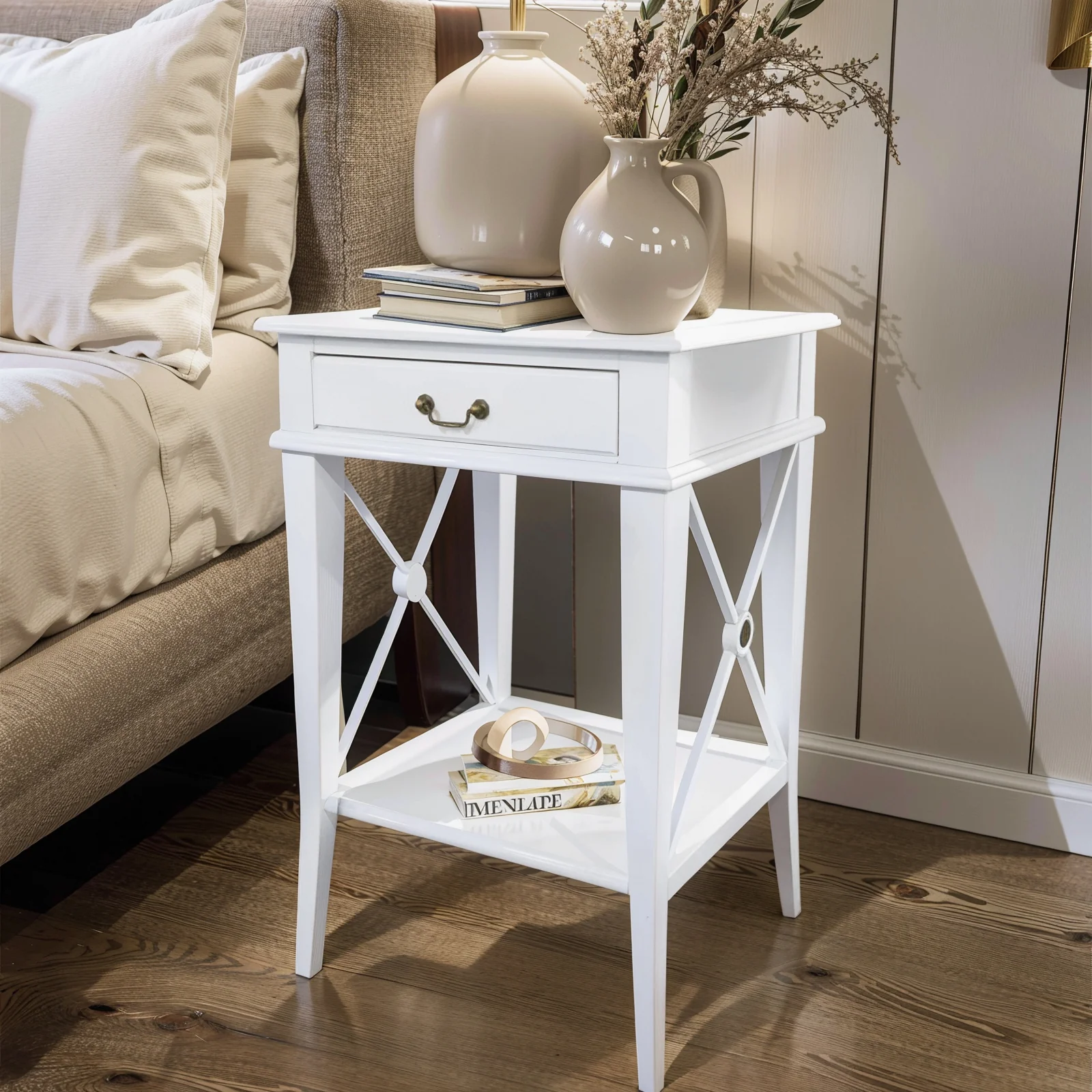 Hamptons Coastal Cross Side Curvy leg Bedside Lamp Table with Drawer White/Black - Image 13
