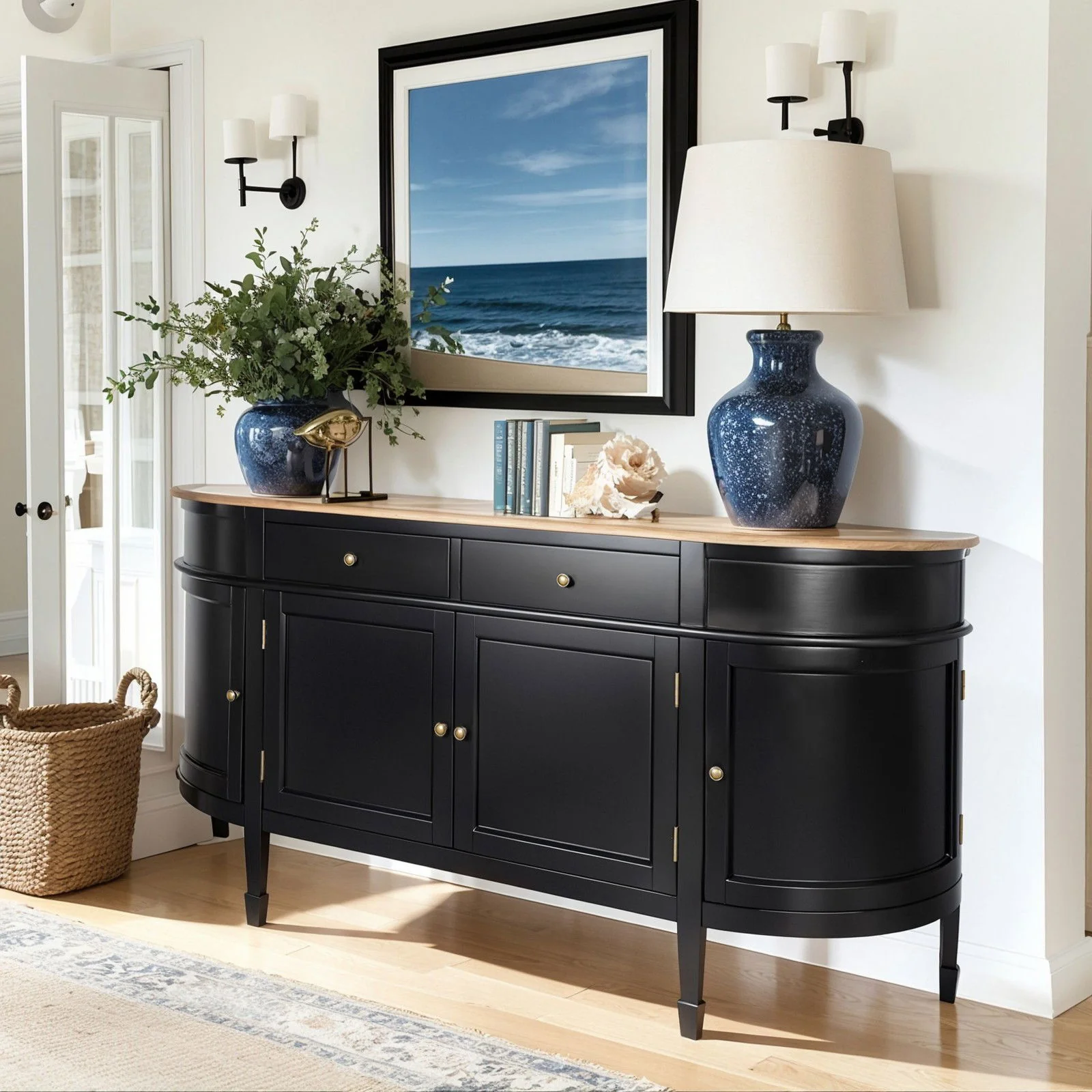 Hamptons Coastal Curve Ash Top Sideboard Buffet & Two Drawers Console Cabinet - Image 9