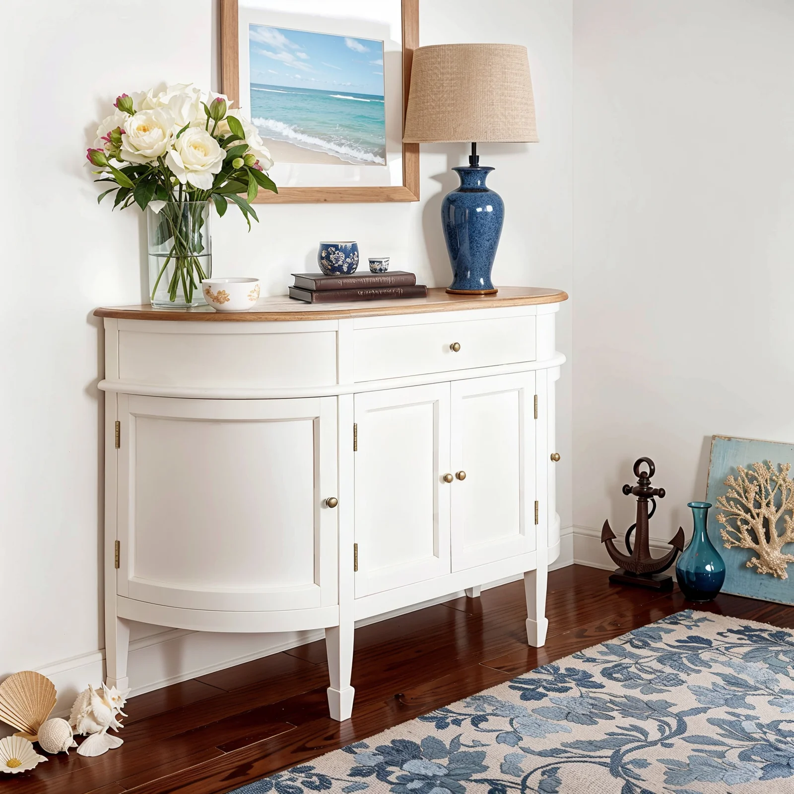 Hamptons Coastal Curve Sideboard Buffet & Ash Top Console Cabinet - Image 14
