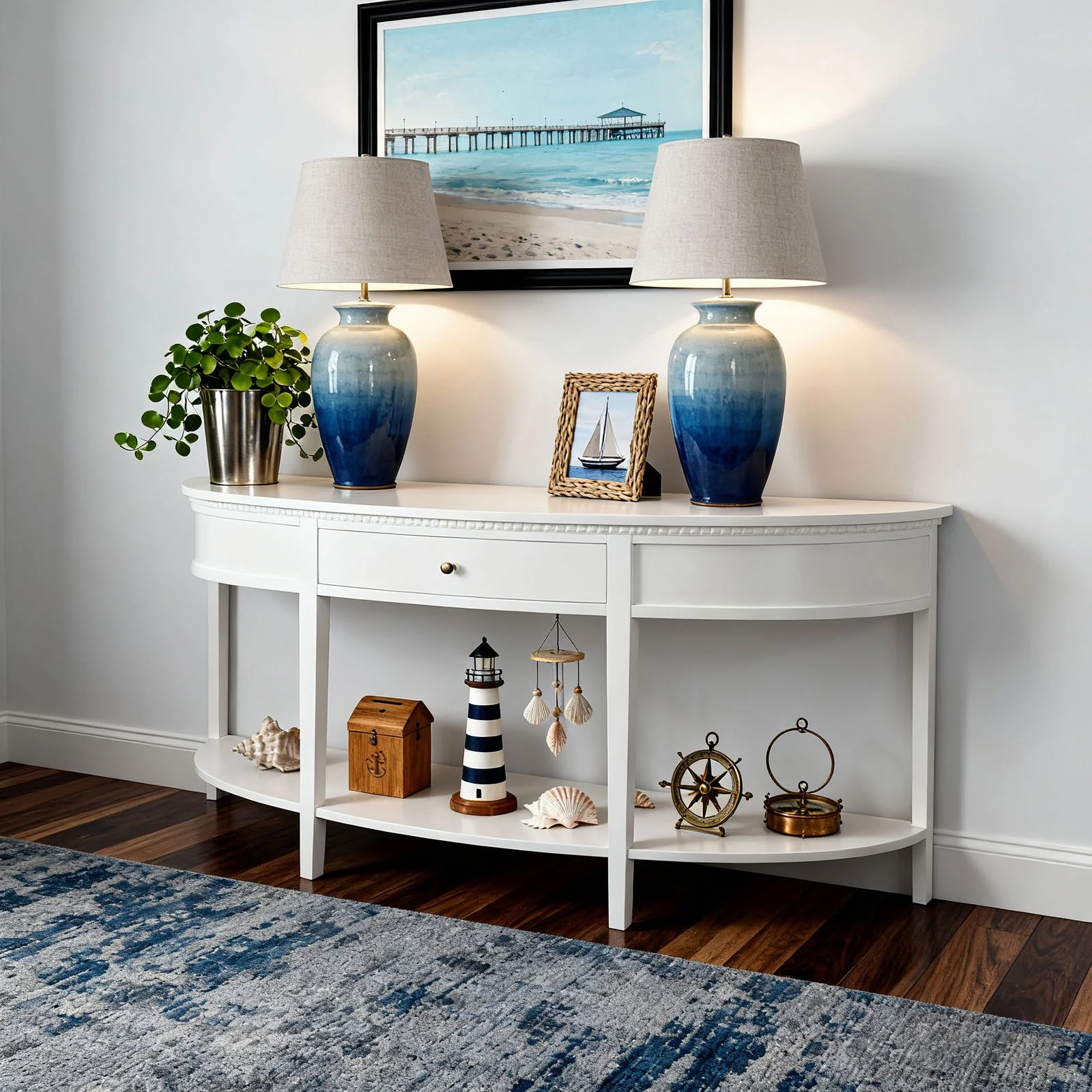 New England Hamptons Half-Moon Curve Hallway Console Table Dentil Molding Design - Image 10