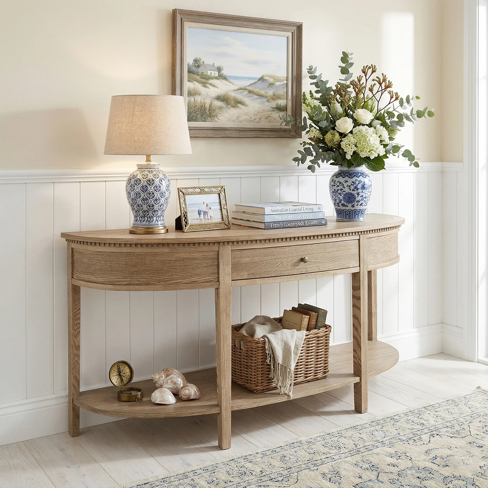 New England Hamptons Half-Moon Curve Hallway Console Table Dentil Molding Design - Image 19