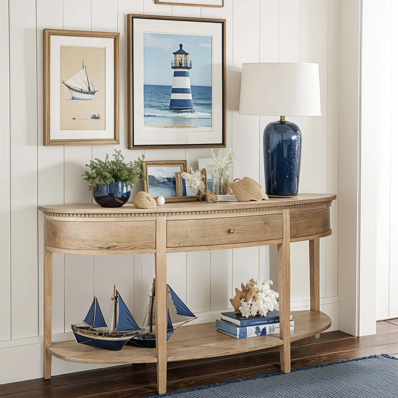 New England Hamptons Half-Moon Curve Hallway Console Table Dentil Molding Design - Image 20